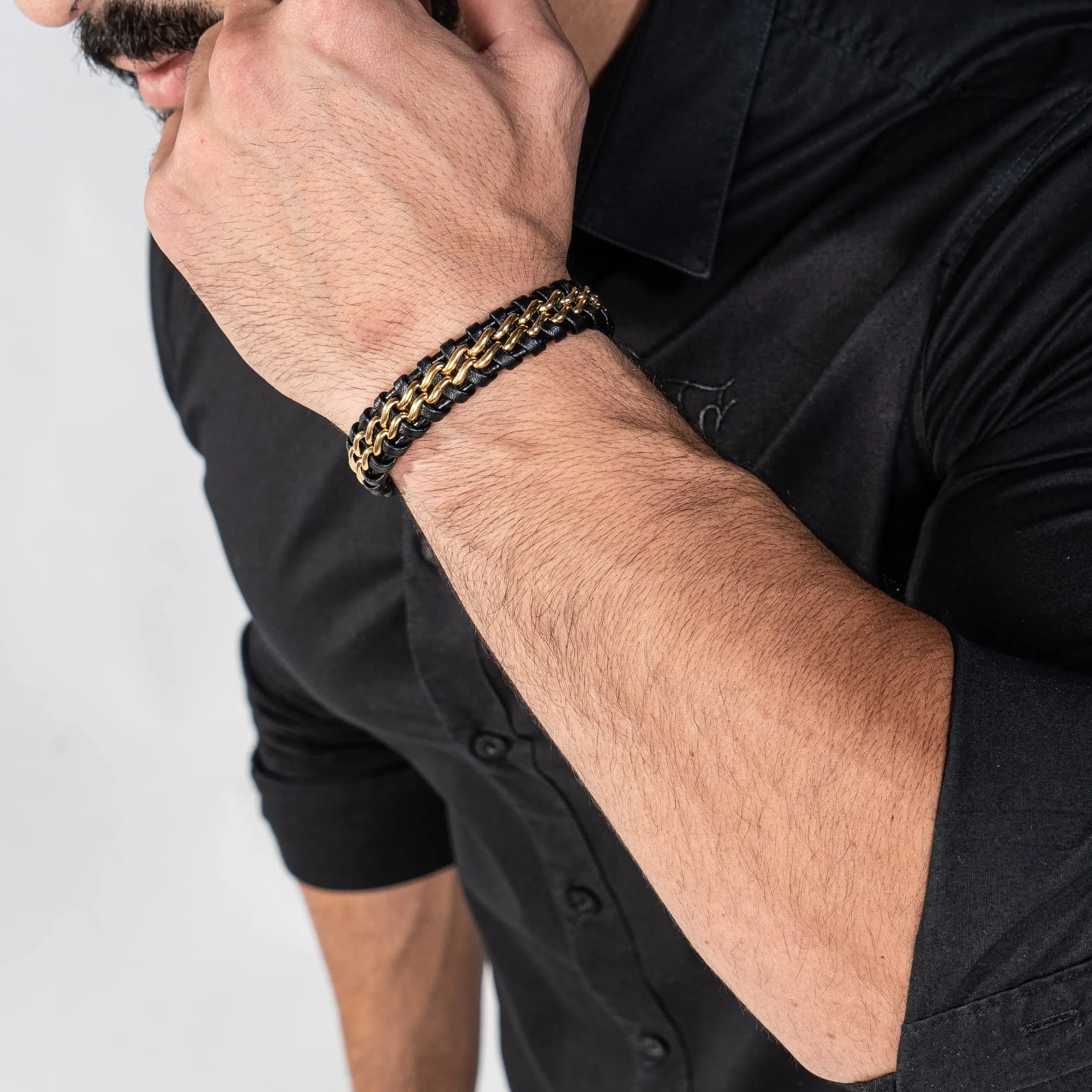 SERASAR Bracciale Uomo in Pelle Intrecciata Nera e Oro, 17cm - immagine 5