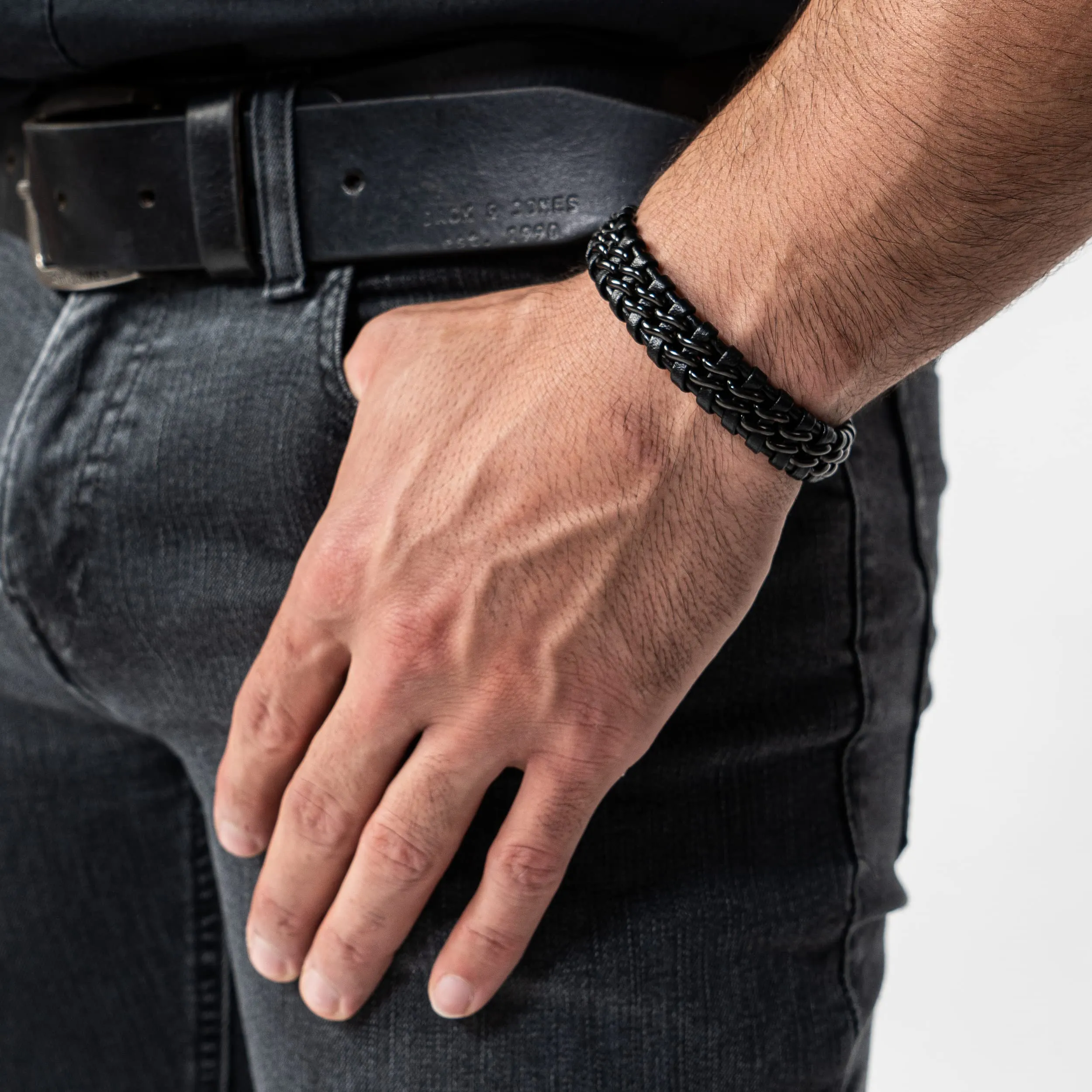 SERASAR Bracciale Uomo in Pelle Nera e Acciaio Inossidabile 23cm - immagine 3
