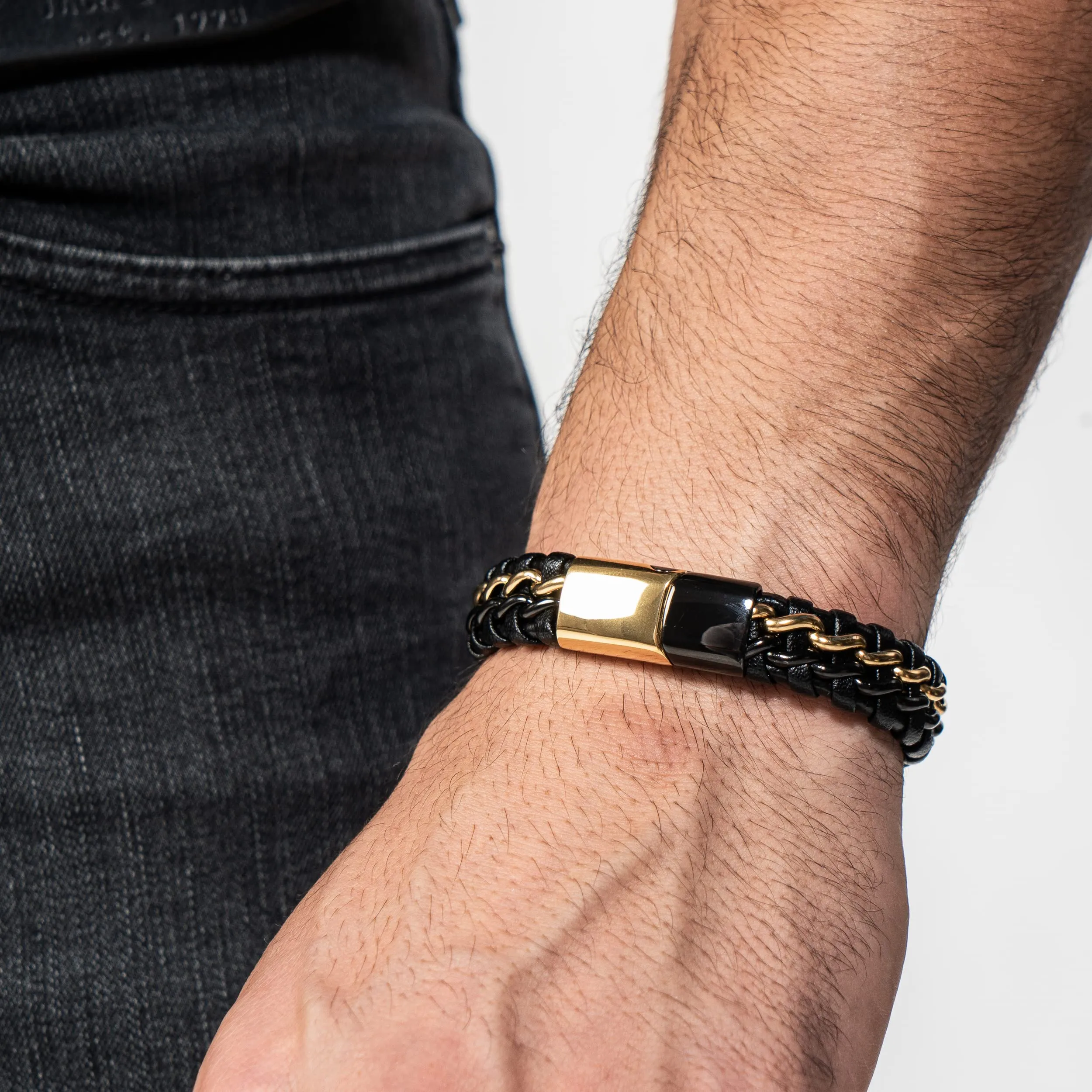 SERASAR Bracciale Uomo in Pelle Nera 23cm - immagine 5