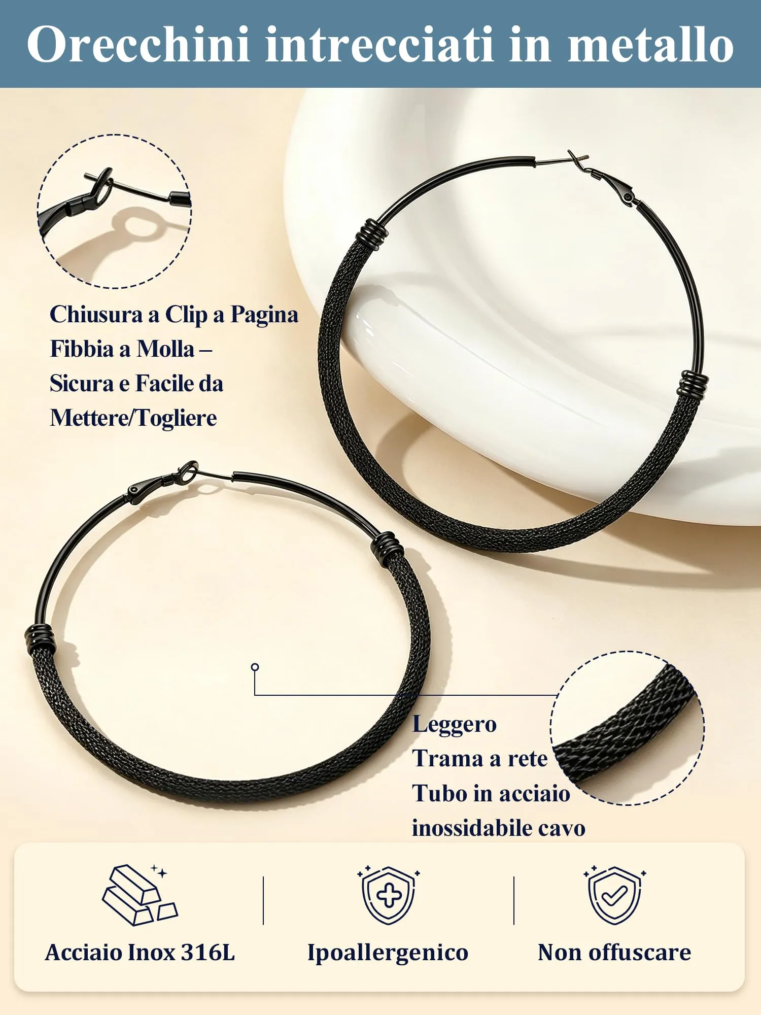PROSTEEL Orecchini a Cerchio Grandi in Acciaio Inossidabile Nero 80mm - immagine 5