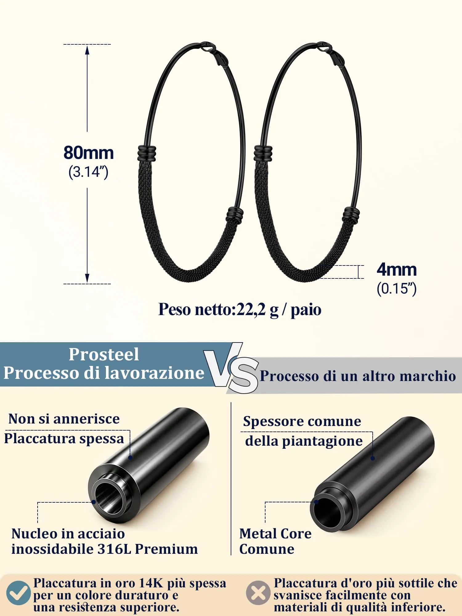PROSTEEL Orecchini a Cerchio Grandi in Acciaio Inossidabile Nero 80mm - immagine 6
