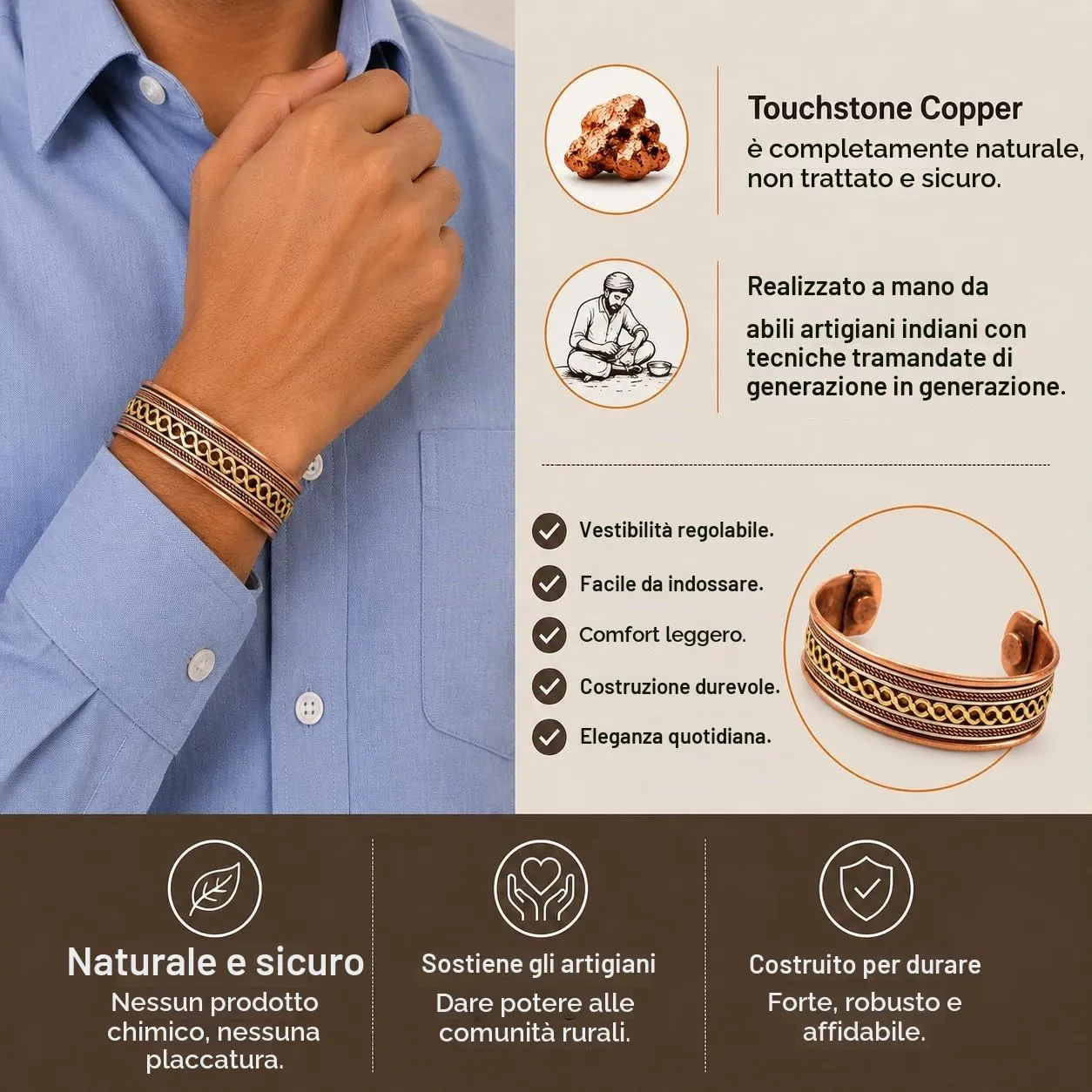 Touchstone Tibetan Style Magnetic Healing Copper Bracelets, Set of 3 - immagine 2