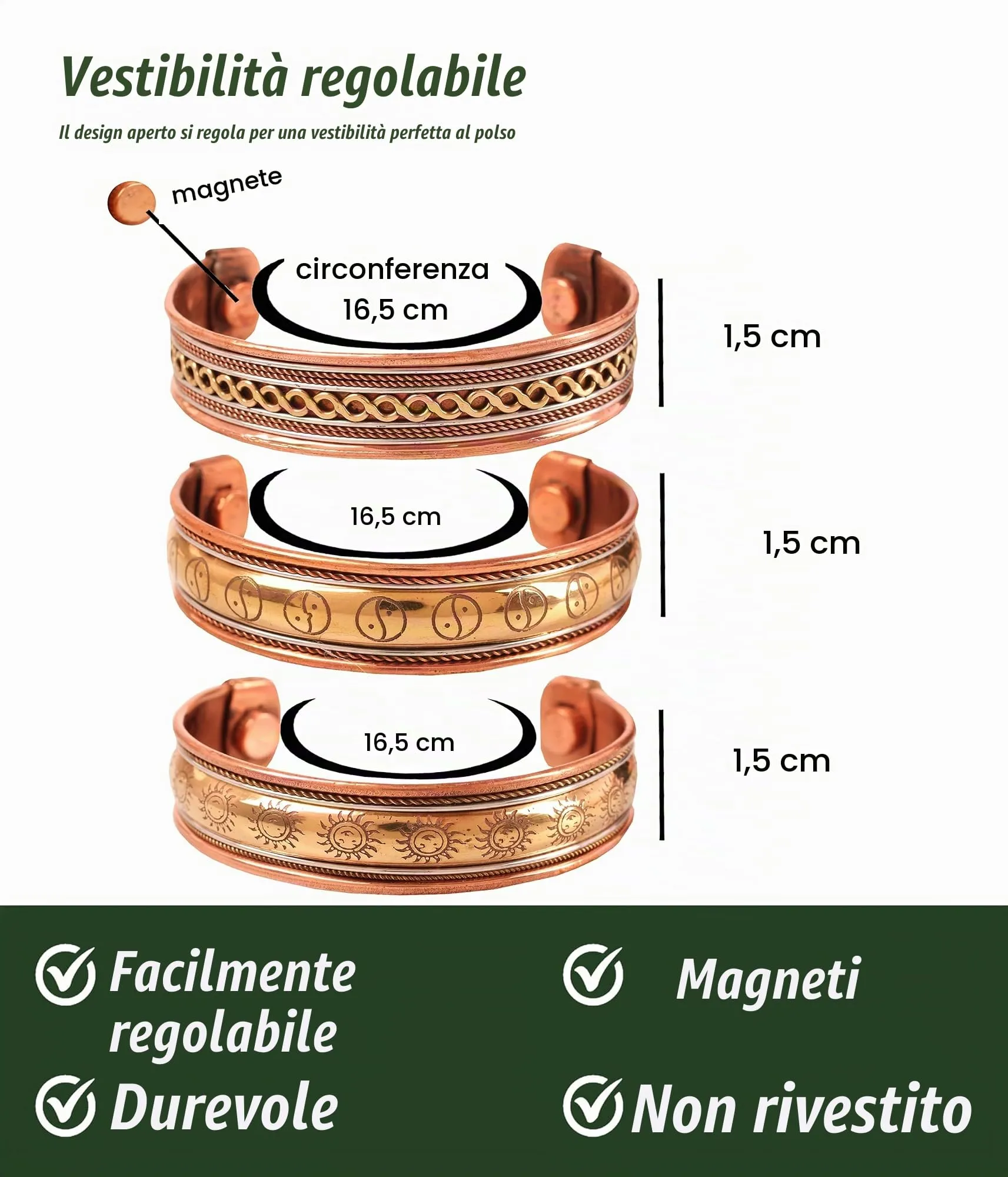 Touchstone Tibetan Style Magnetic Healing Copper Bracelets, Set of 3 - immagine 3