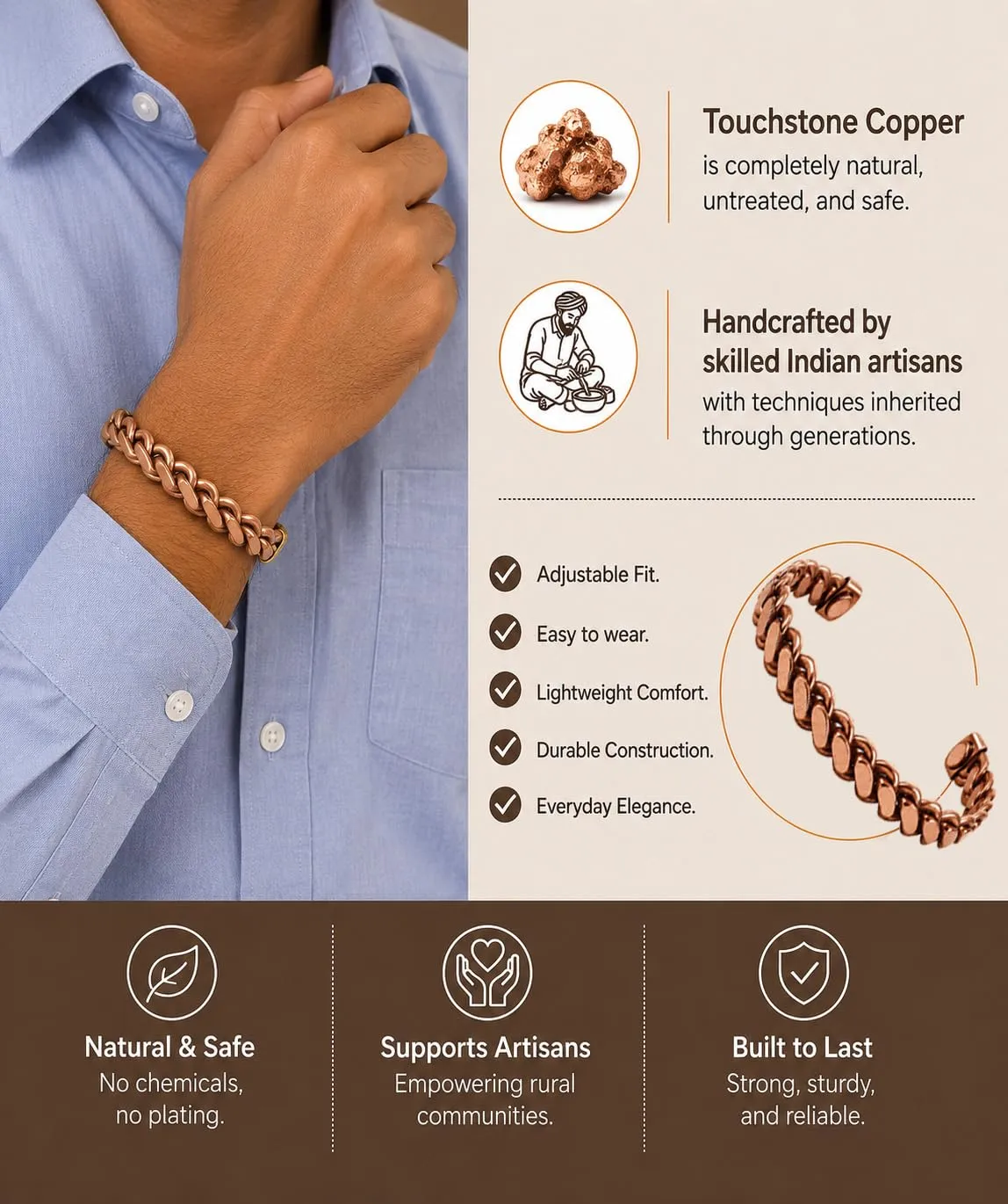 Touchstone Tibetan Style Magnetic Copper Healing Bracelets, Set of 3 - immagine 2