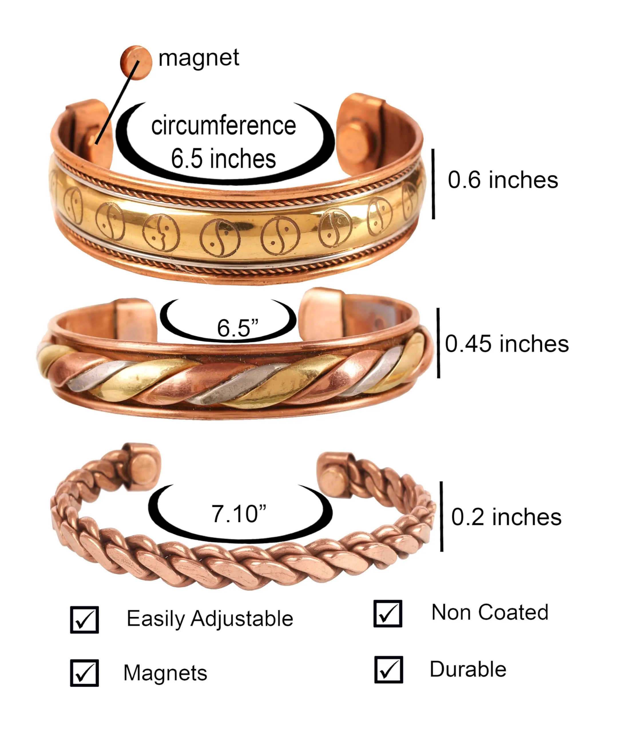 Touchstone Tibetan Style Magnetic Copper Healing Bracelets, Set of 3 - immagine 3
