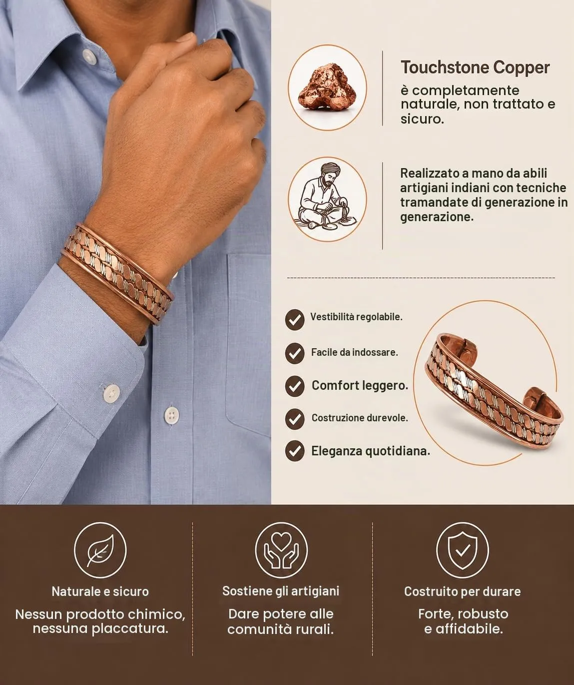 Touchstone Bracciale Magnetico in Rame Stile Tibetano, Set di 3 Design - immagine 2