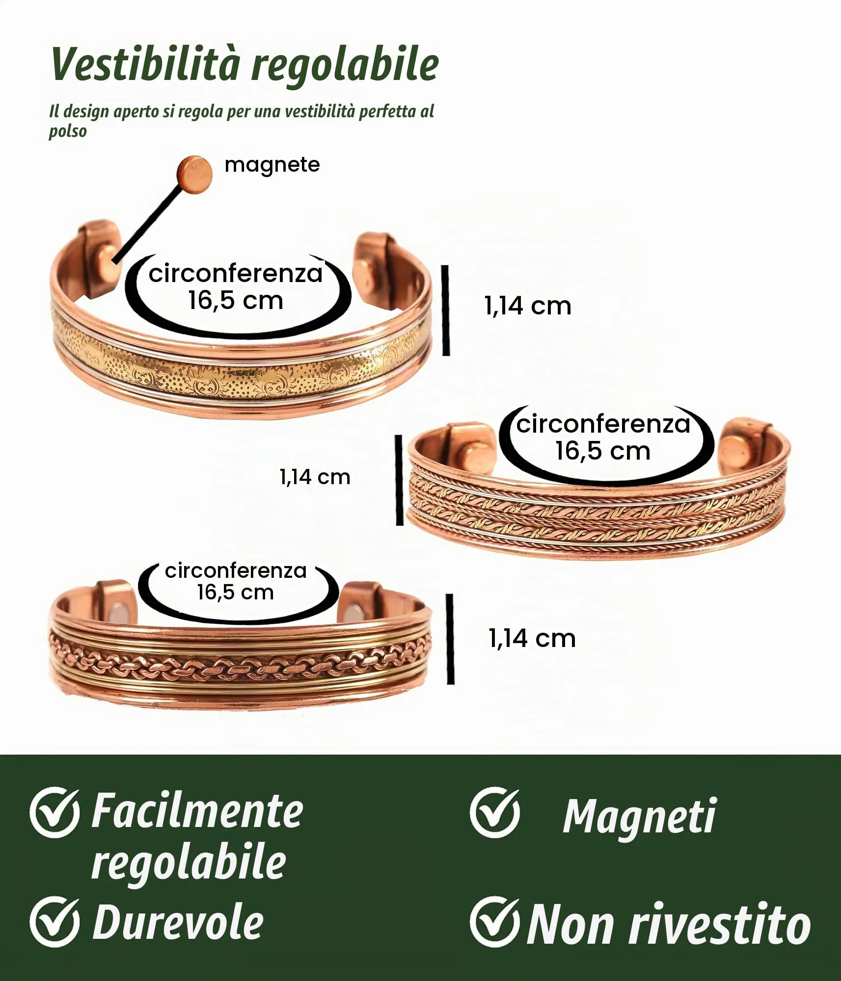 Touchstone Bracciale Magnetico in Rame Stile Tibetano, Set di 3 Design - immagine 3