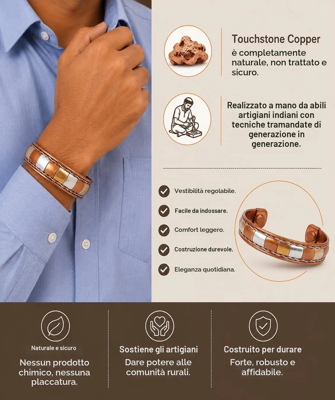 Touchstone Bracciale Magnetico in Rame Stile Tibetano, Set di 3 Pezzi - immagine 2
