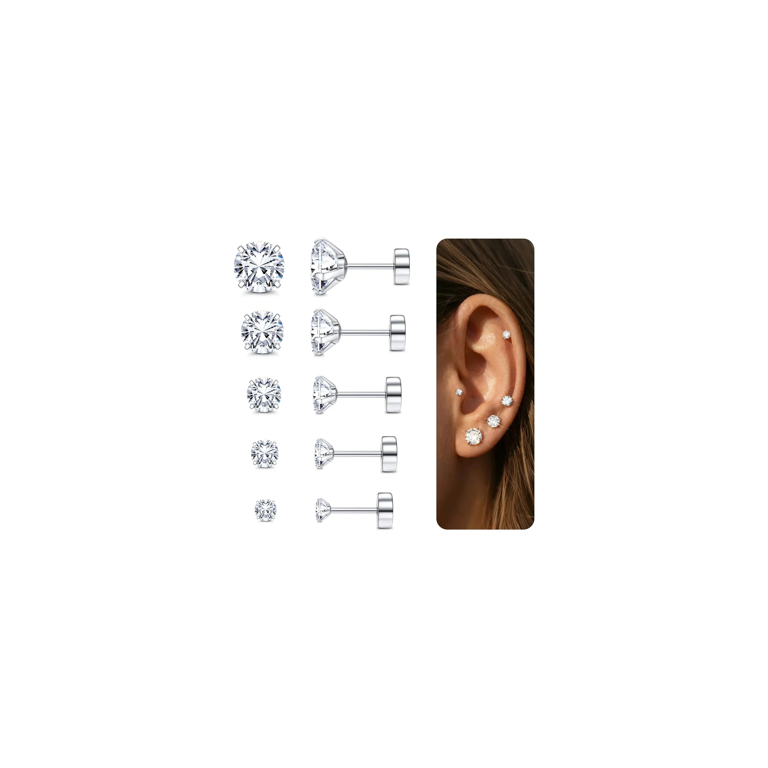 Diamday Orecchini a Vite in Titanio G23 e Acciaio Chirurgico con Zirconia Cubica per Cartilagine Tragus e Helix, 20G - immagine 1