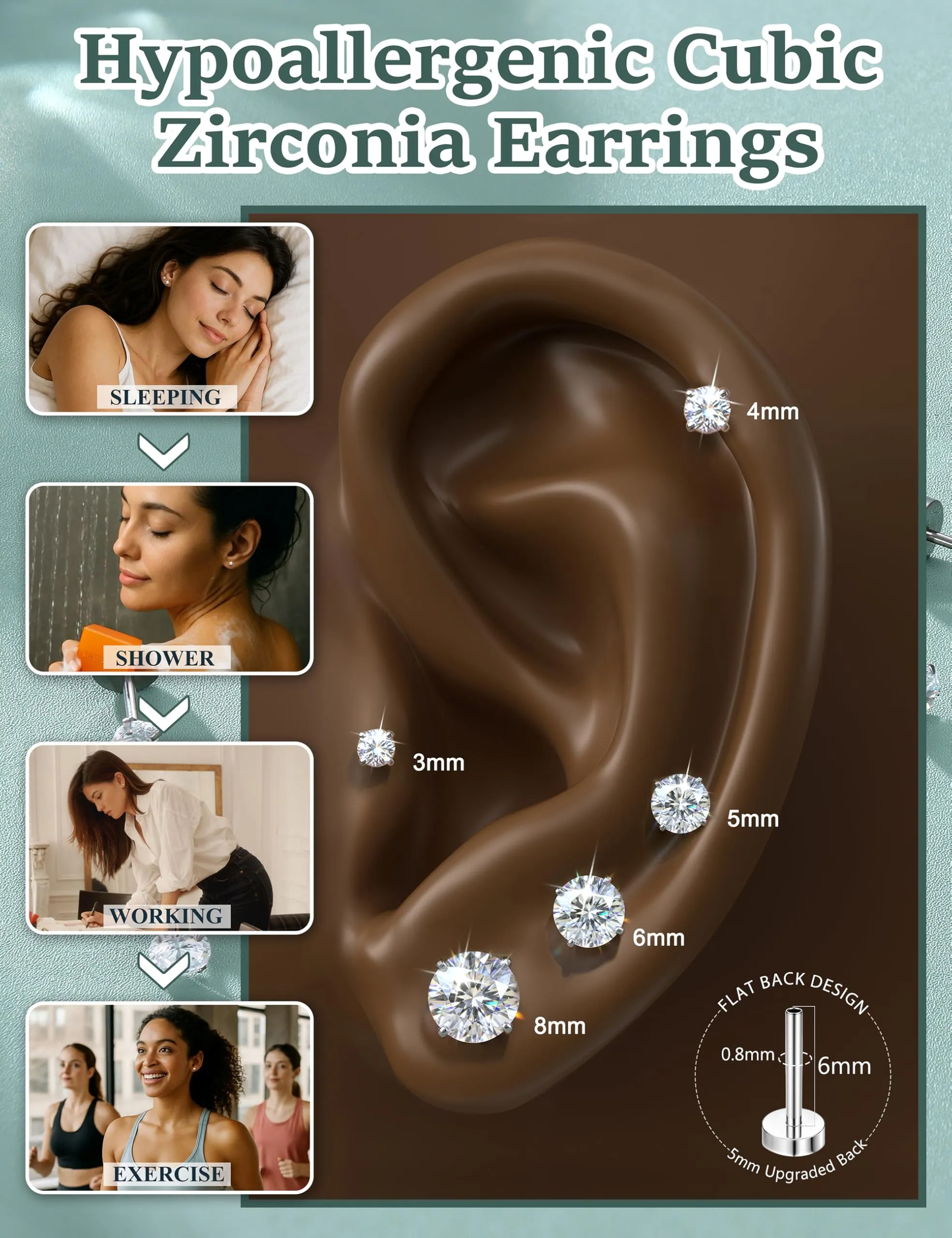 Diamday Orecchini a Vite in Titanio G23 e Acciaio Chirurgico con Zirconia Cubica per Cartilagine Tragus e Helix, 20G - immagine 5