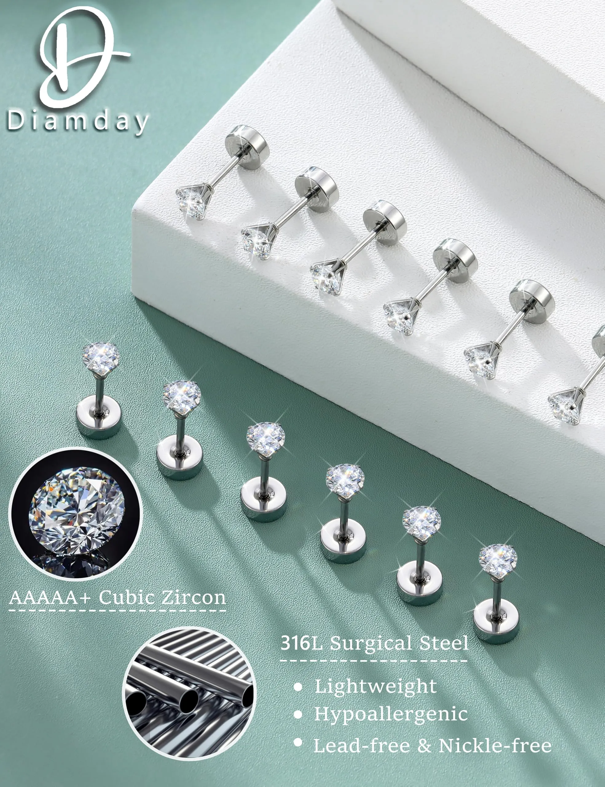 Diamday Orecchini a Vite in Titanio G23 e Acciaio Chirurgico con Zirconia Cubica per Cartilagine Tragus e Helix, 20G - immagine 6