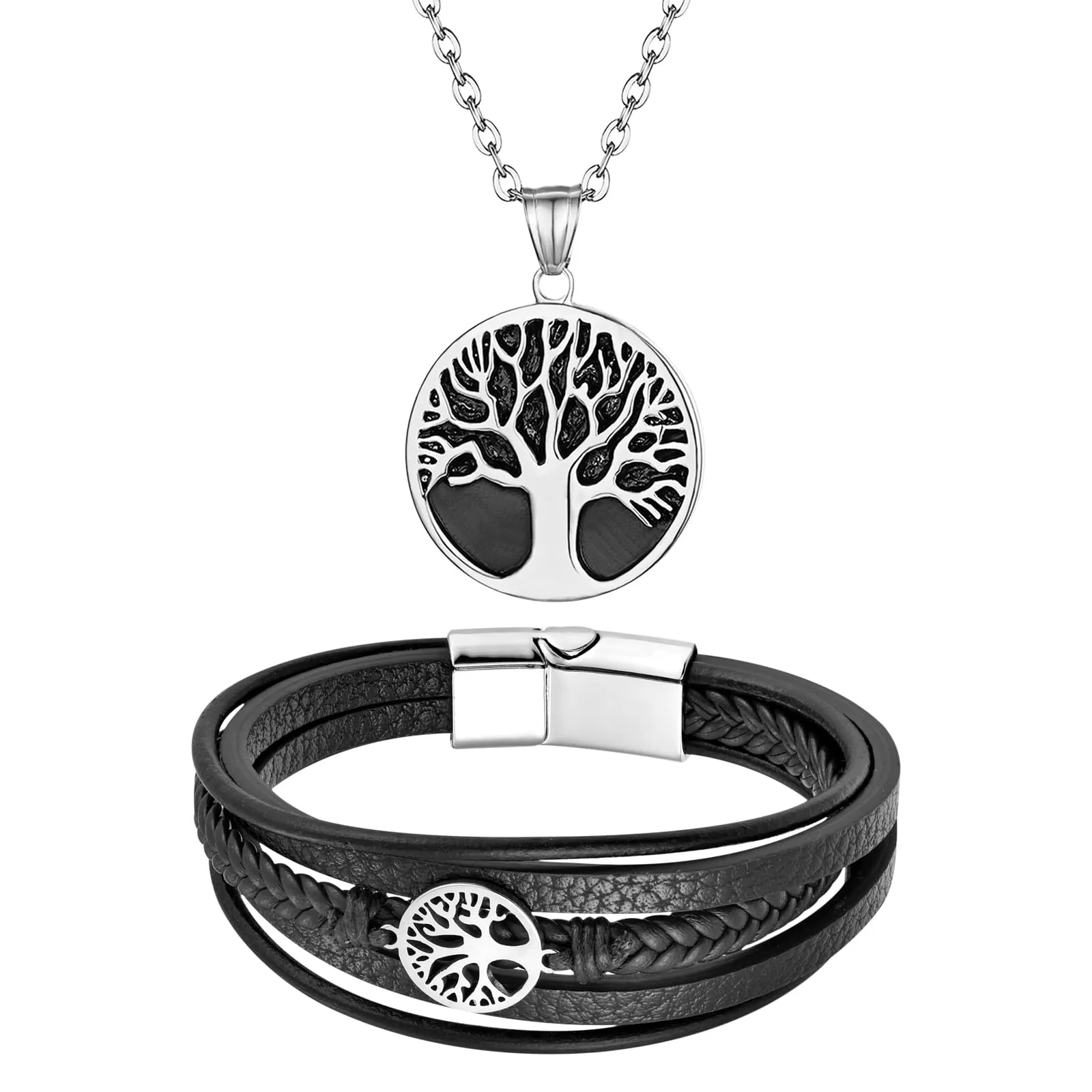 Flongo Set Collana e Bracciale in Pelle da Uomo con Albero della Vita, Bracciale Multifili Regolabile - immagine 1