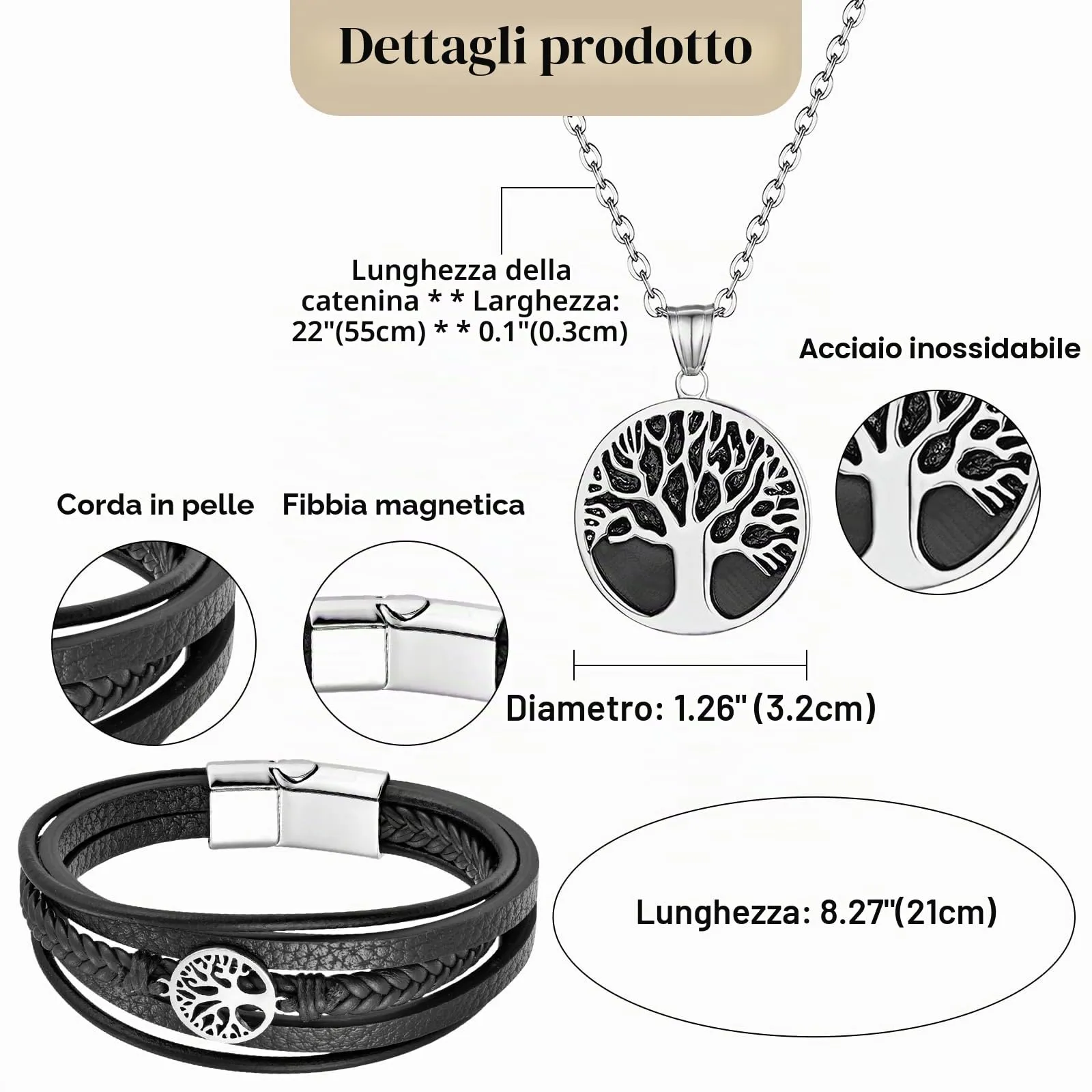 Flongo Set Collana e Bracciale in Pelle da Uomo con Albero della Vita, Bracciale Multifili Regolabile - immagine 2
