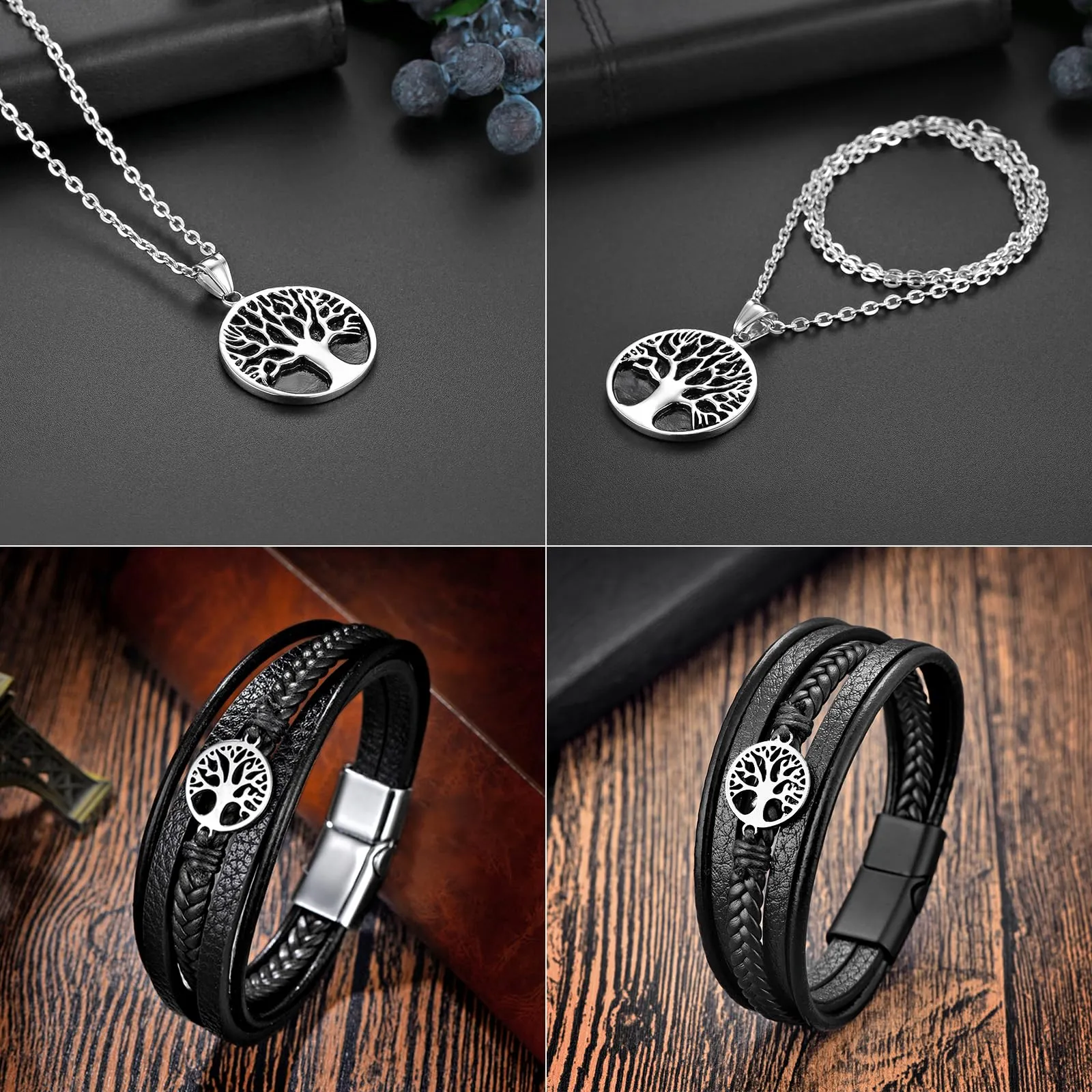 Flongo Set Collana e Bracciale in Pelle da Uomo con Albero della Vita, Bracciale Multifili Regolabile - immagine 3