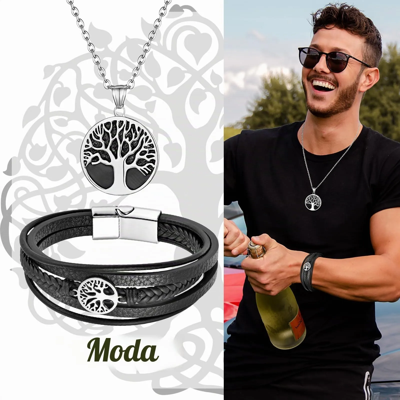 Flongo Set Collana e Bracciale in Pelle da Uomo con Albero della Vita, Bracciale Multifili Regolabile - immagine 5