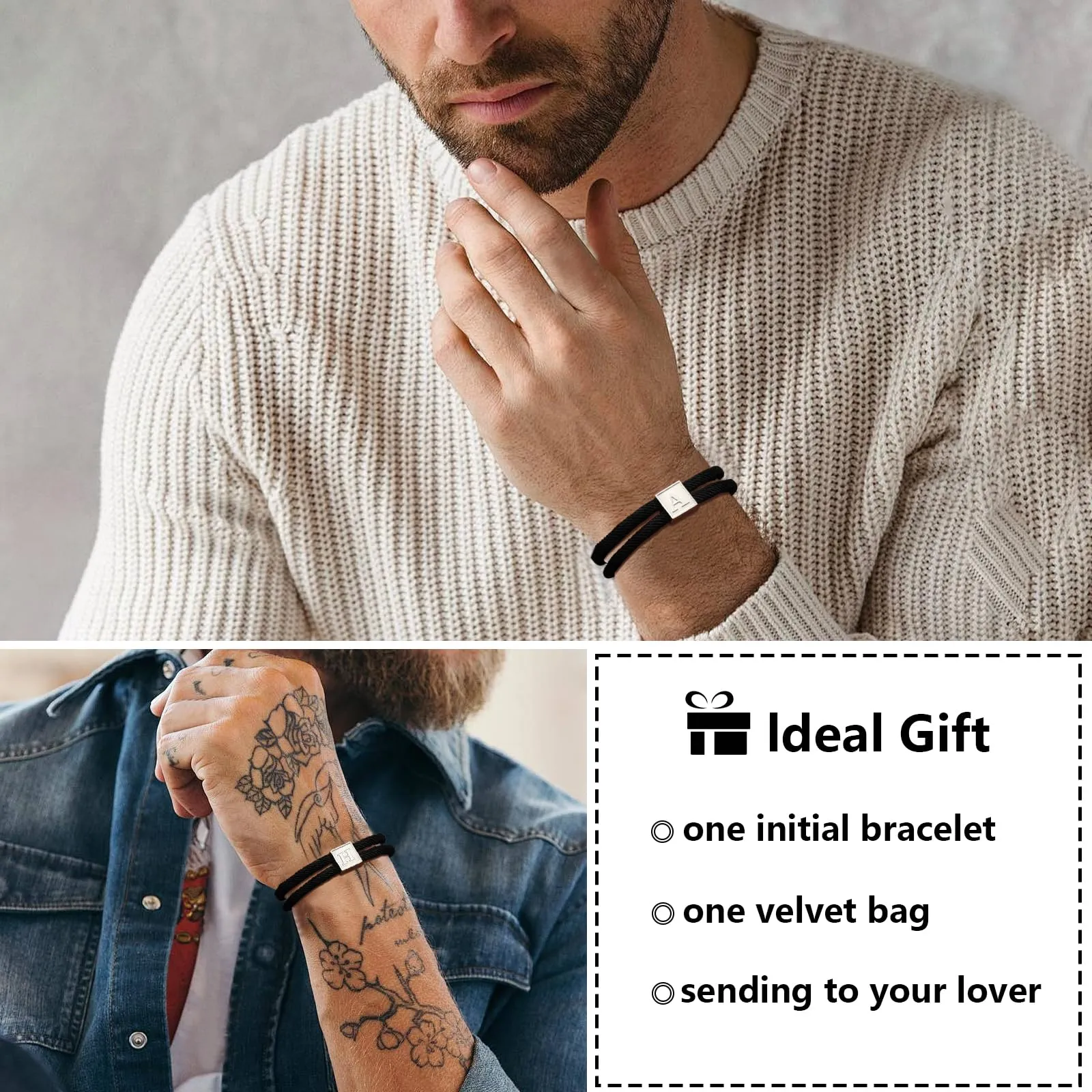 Esmoly Bracciale Uomo Personalizzato con Iniziale U in Corda Intrecciata a Mano, Impermeabile e Regolabile - immagine 6