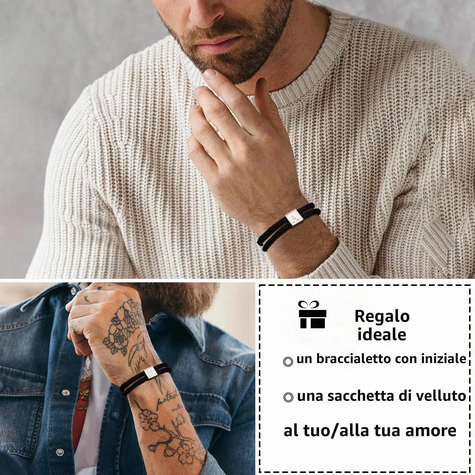 Esmoly Bracciale Uomo con Iniziale Personalizzato in Corda Intrecciata a Mano Sportivo Impermeabile Regolabile (S) - immagine 6