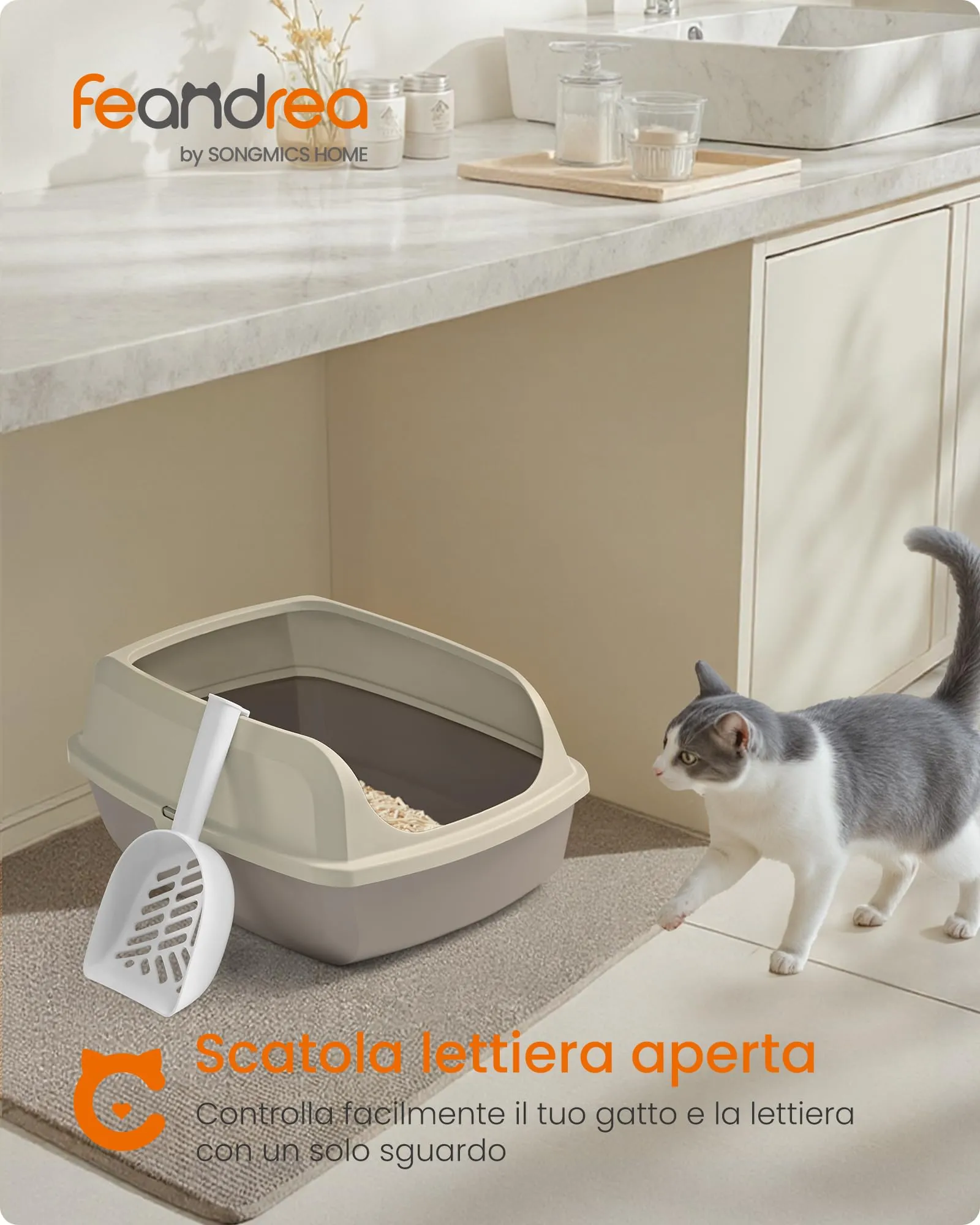 Feandrea Vassoio Lettiera per Gatti con Bordi Alti, XL, Aperto con Paletta, Beige Cappuccino PPT009LH01 - immagine 2