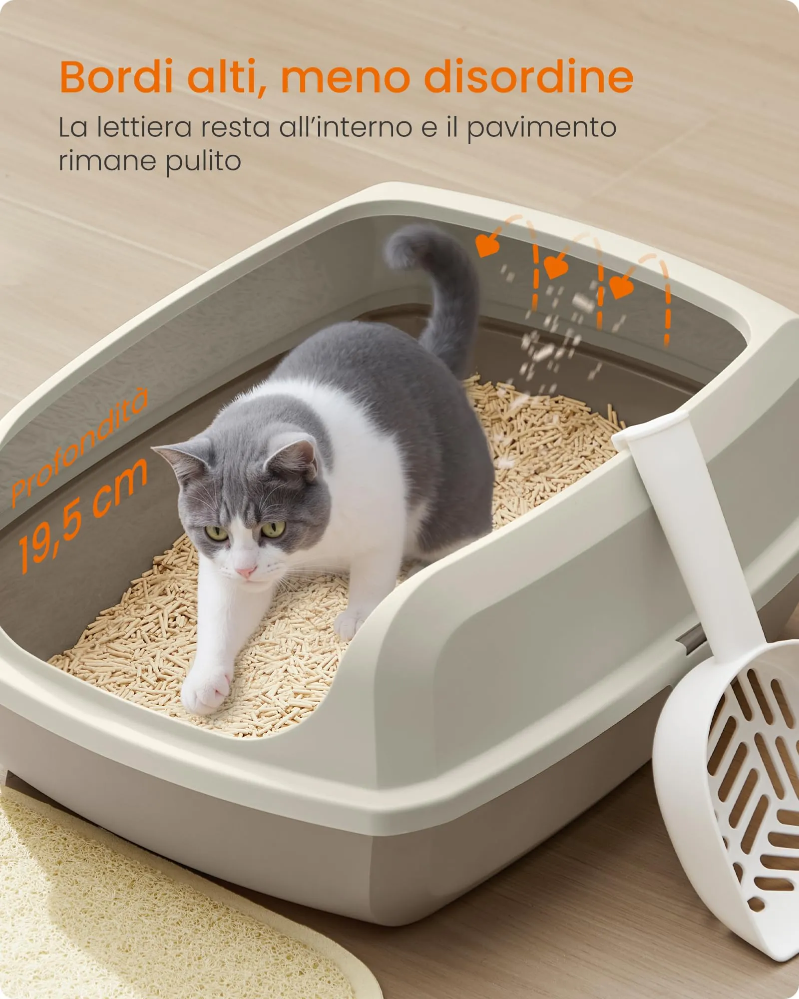 Feandrea Vassoio Lettiera per Gatti con Bordi Alti, XL, Aperto con Paletta, Beige Cappuccino PPT009LH01 - immagine 3
