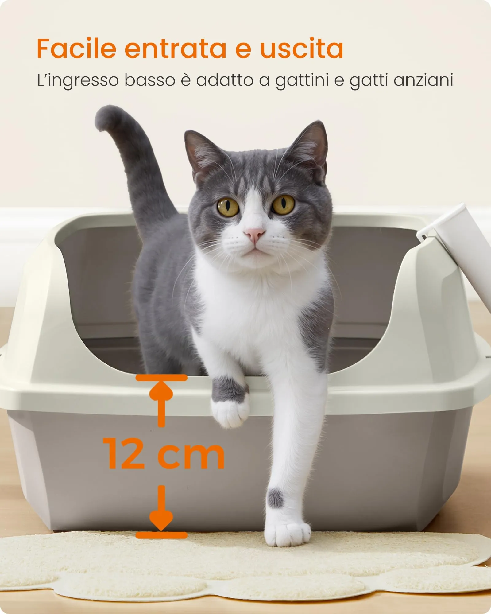 Feandrea Vassoio Lettiera per Gatti con Bordi Alti, XL, Aperto con Paletta, Beige Cappuccino PPT009LH01 - immagine 6