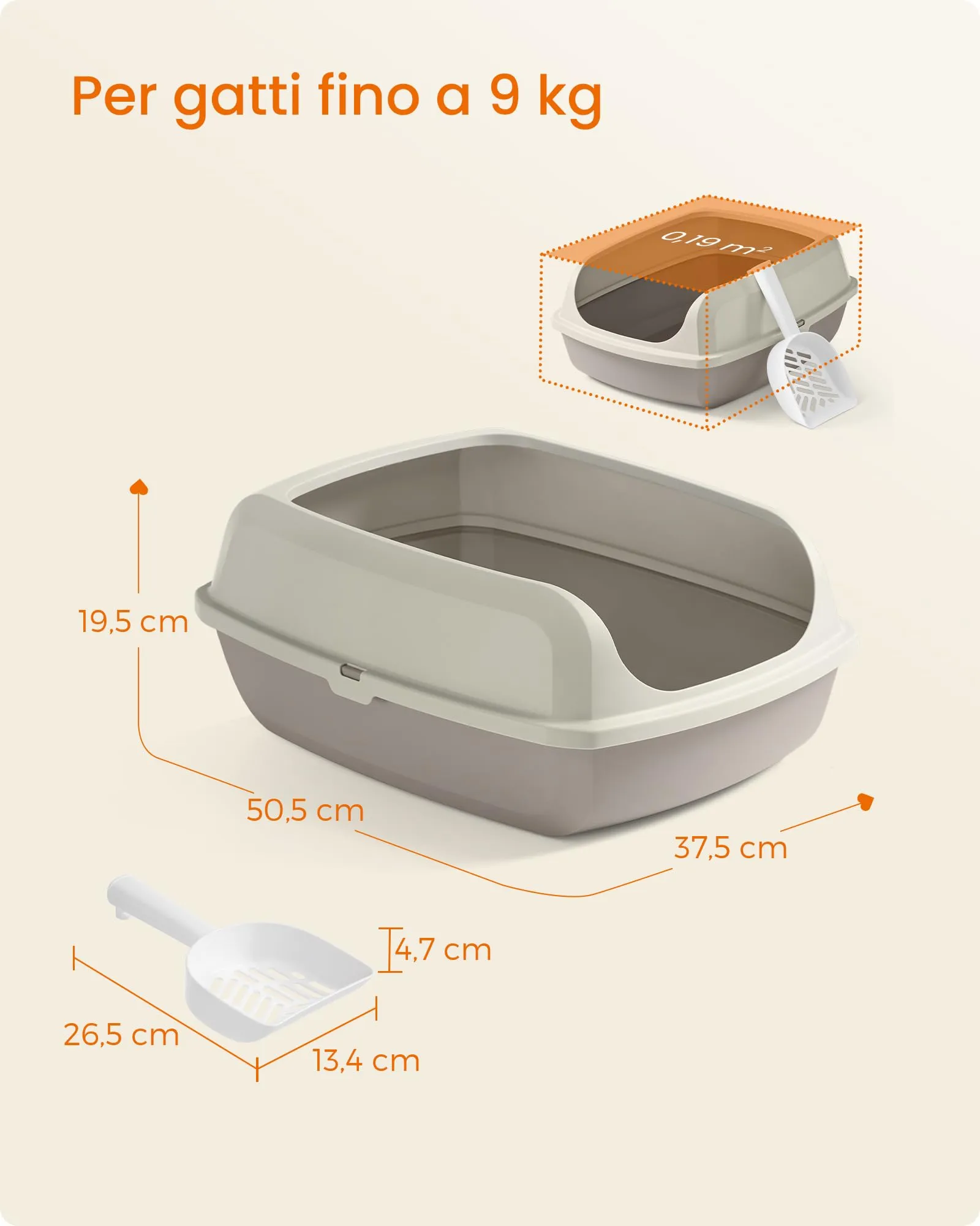 Feandrea Vassoio Lettiera per Gatti con Bordi Alti, XL, Aperto con Paletta, Beige Cappuccino PPT009LH01 - immagine 7