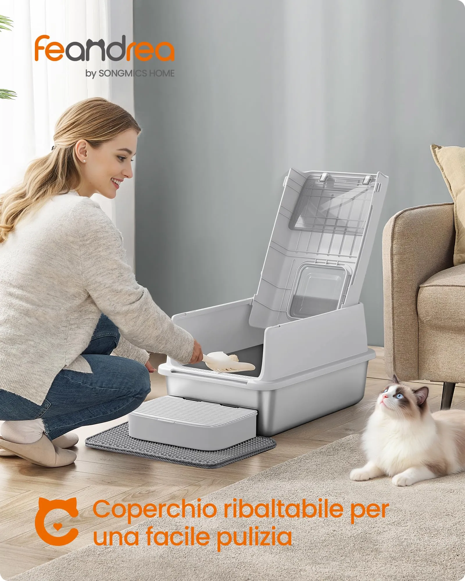 Feandrea Lettiera per Gatti Chiusa in Acciaio Inossidabile, 60 x 40 x 38 cm - immagine 2
