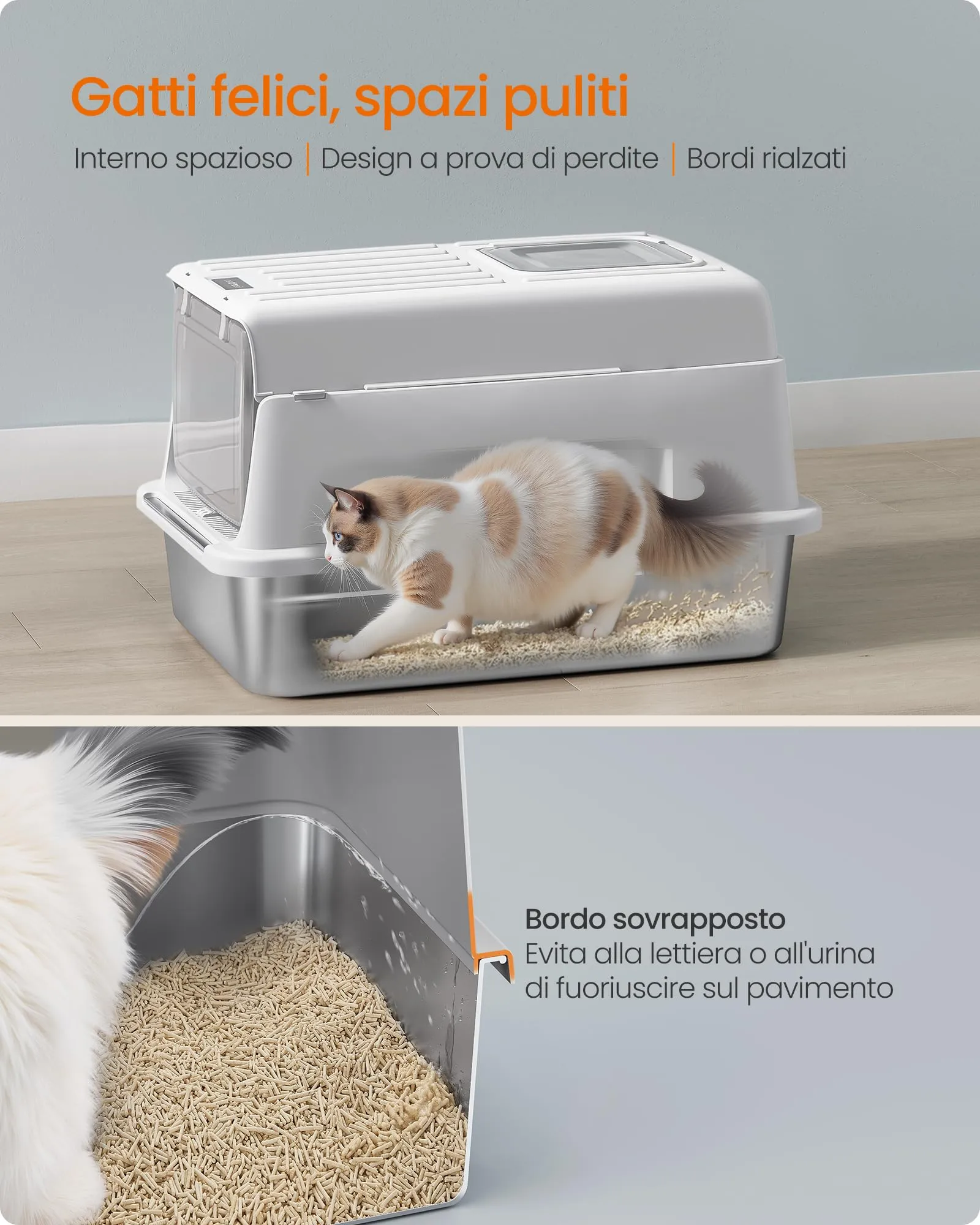Feandrea Lettiera per Gatti Chiusa in Acciaio Inossidabile, 60 x 40 x 38 cm - immagine 4