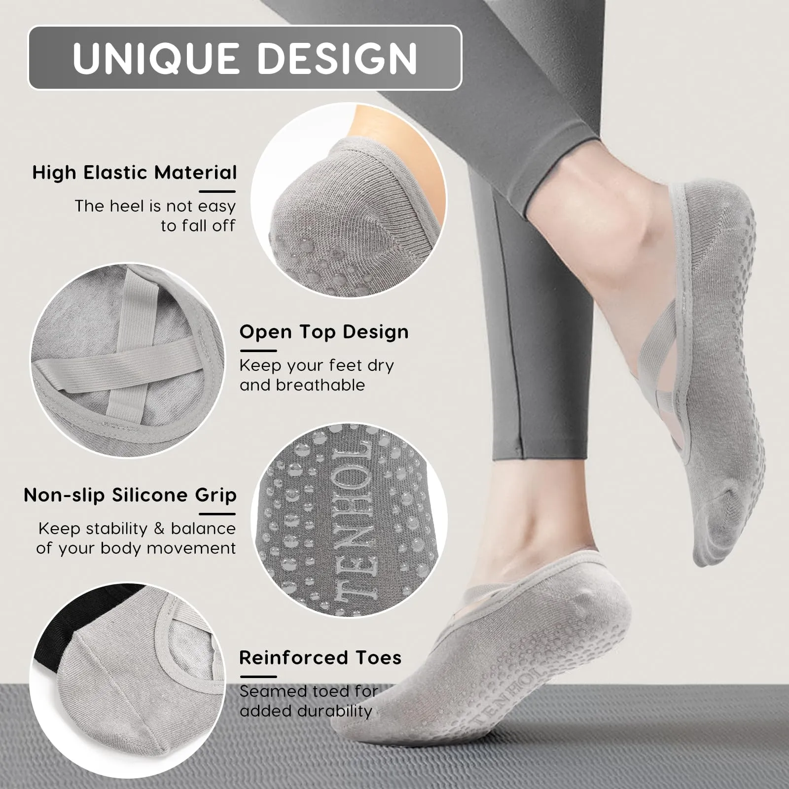 Bafiwu Calzini Antiscivolo Donna per Pilates e Yoga, 4 Paia, 35-40, 4 Colori - immagine 2