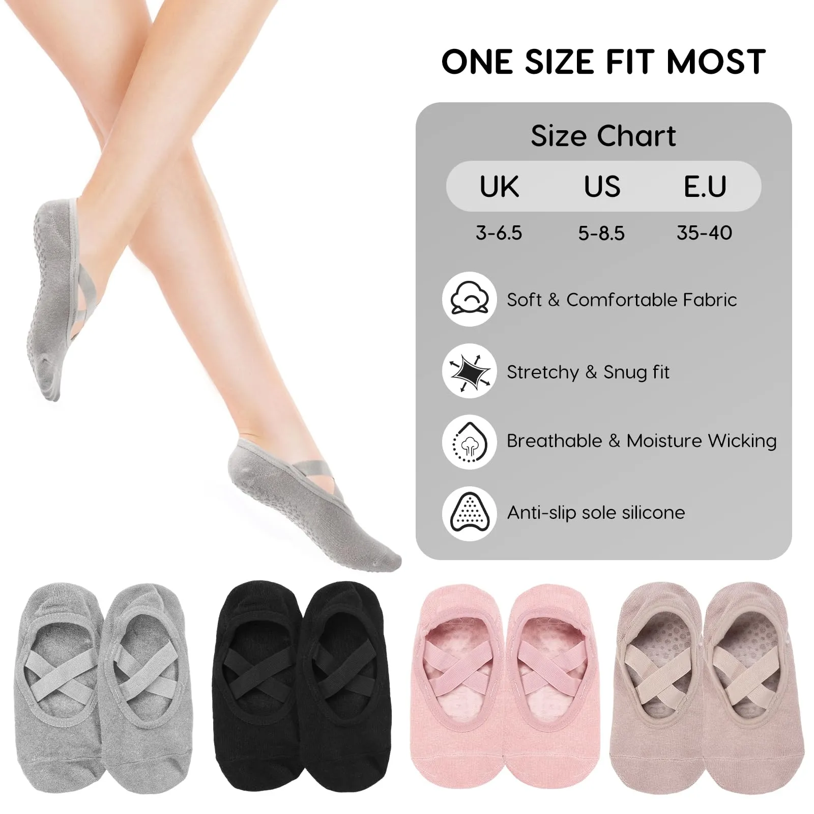 Bafiwu Calzini Antiscivolo Donna per Pilates e Yoga, 4 Paia, 35-40, 4 Colori - immagine 4