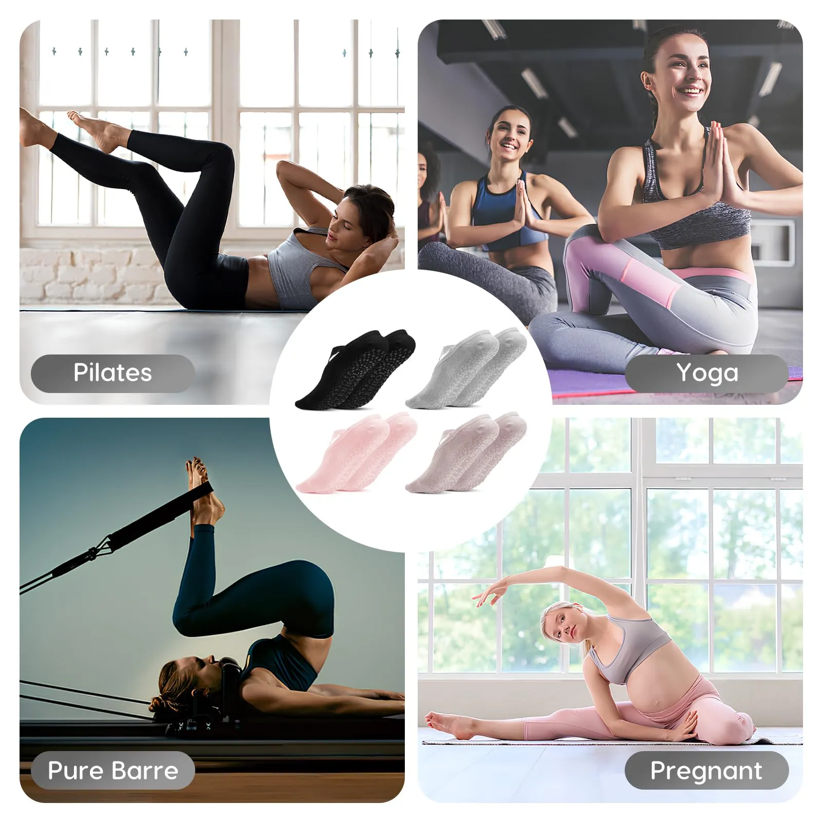 Bafiwu Calzini Antiscivolo Donna per Pilates e Yoga, 4 Paia, 35-40, 4 Colori - immagine 7