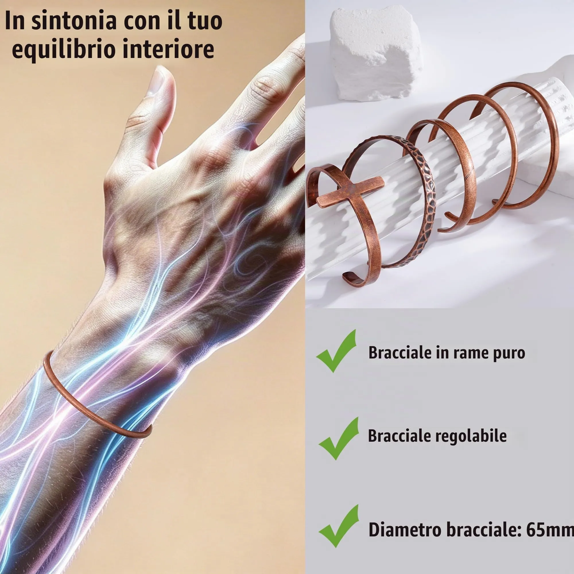 Aretas Bracciale in rame regolabile per uomo e donna - immagine 5
