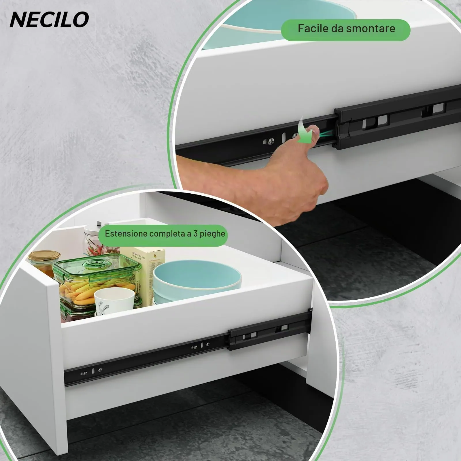 NECILO Guide Ammortizzate per Cassetti 300 mm, Estrazione Totale, NE-SC-300-N - immagine 6