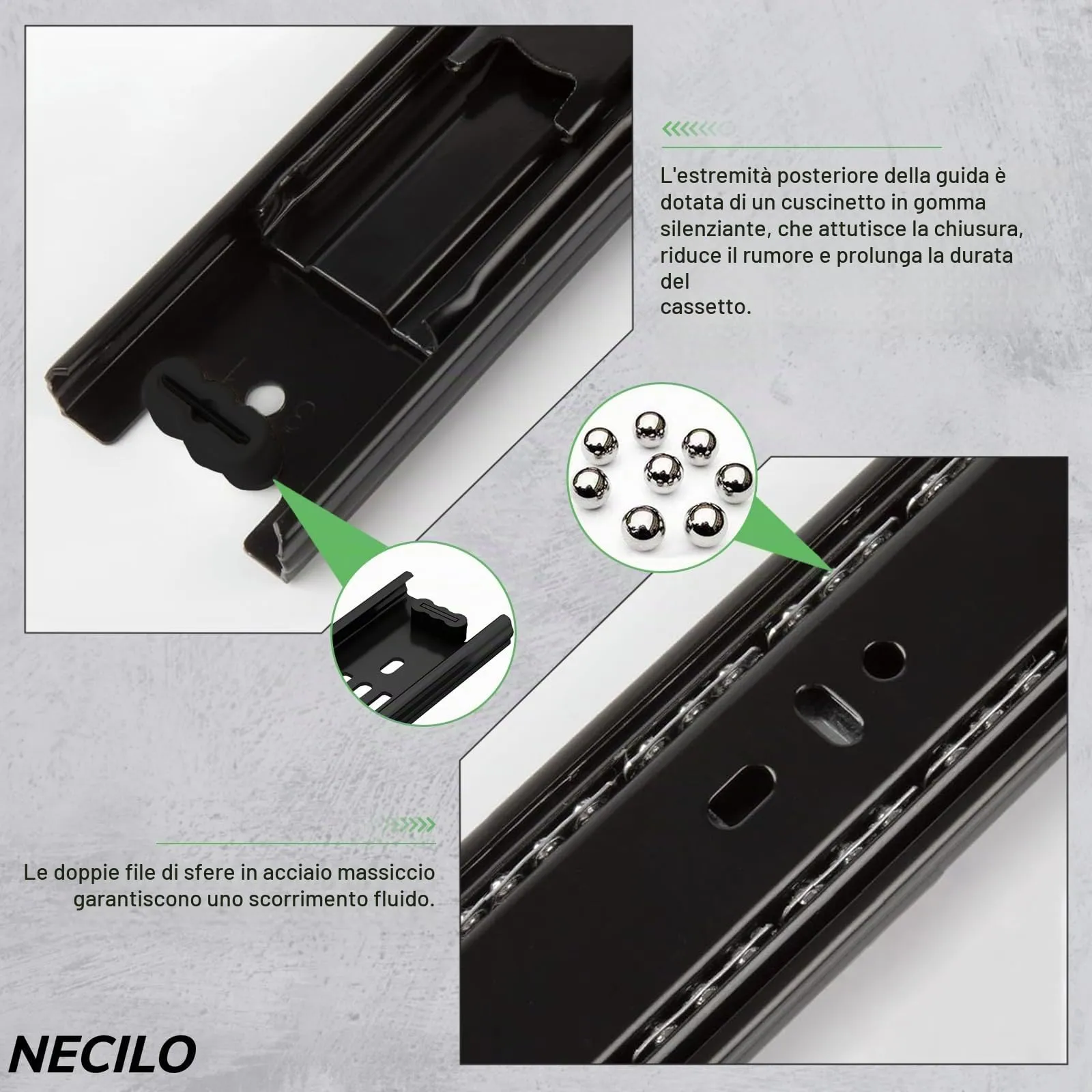 NECILO Guide per Cassetti 350 mm, Portata 45 kg, Estrazione Totale, Nero - immagine 5