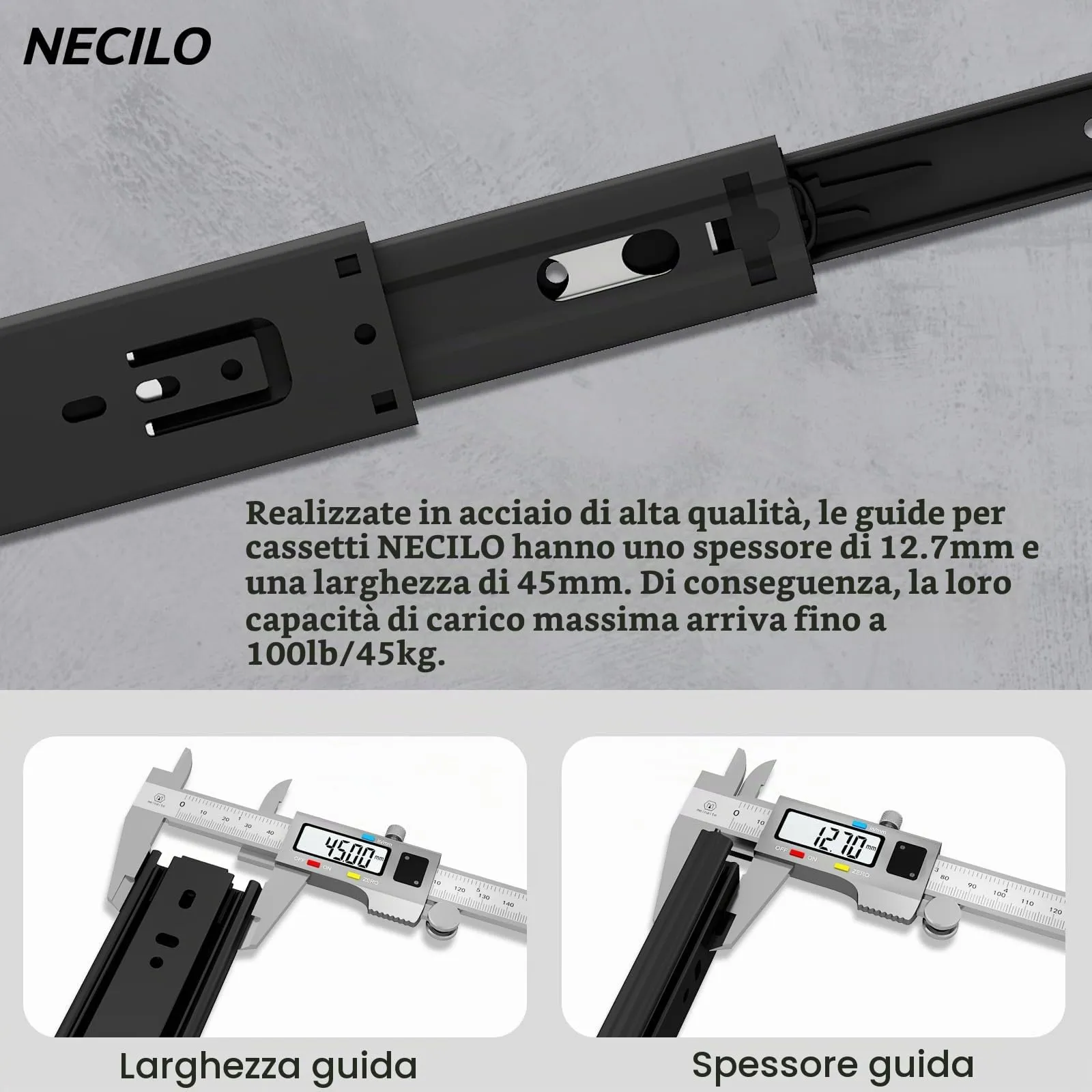 NECILO Guide per Cassetti 300 mm, Portata 45 kg, Estrazione Totale, NE-45B-300-N - immagine 2