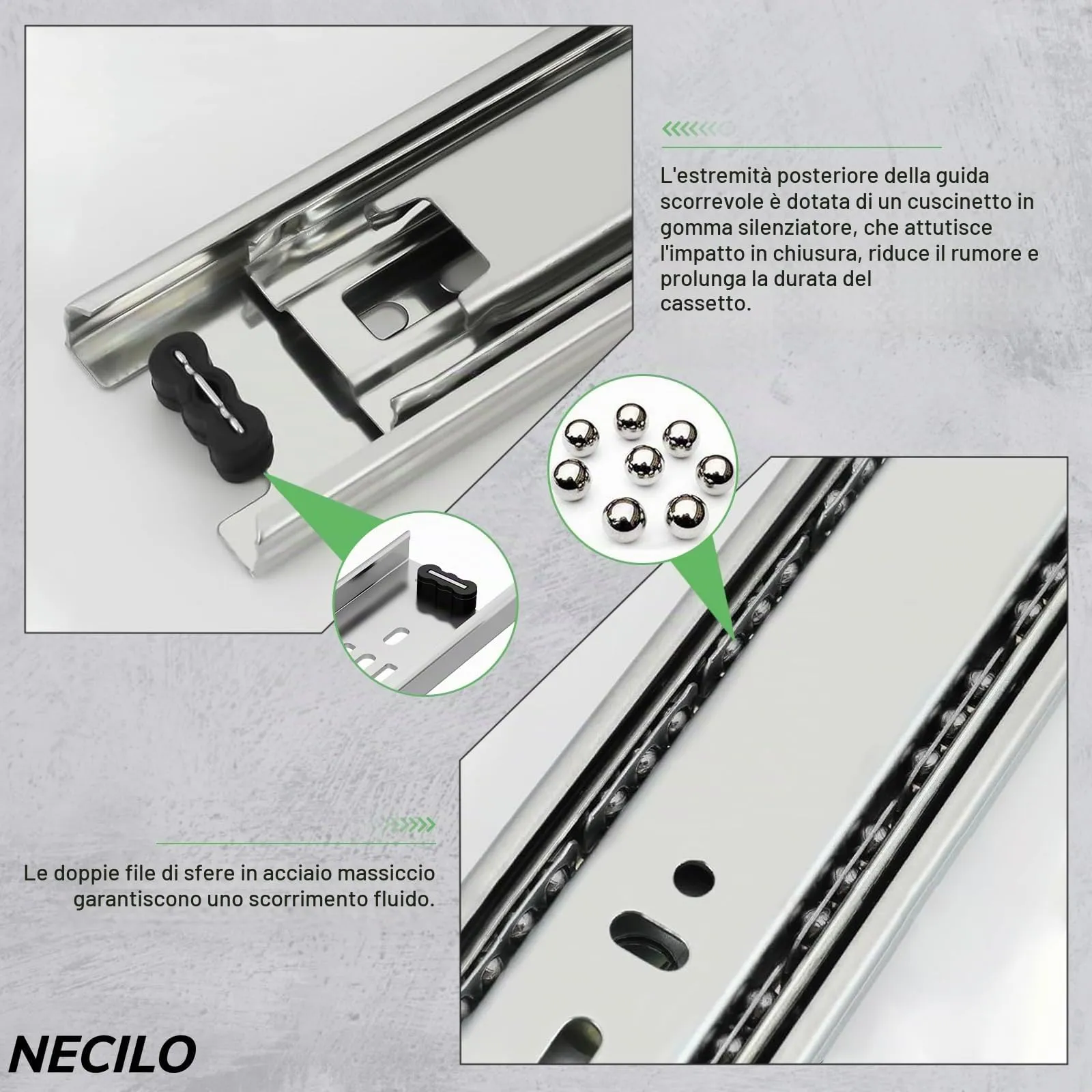 NECILO Guide per cassetti, 400 mm, portata 45 kg, estrazione totale, NE-45W-400-N - immagine 5