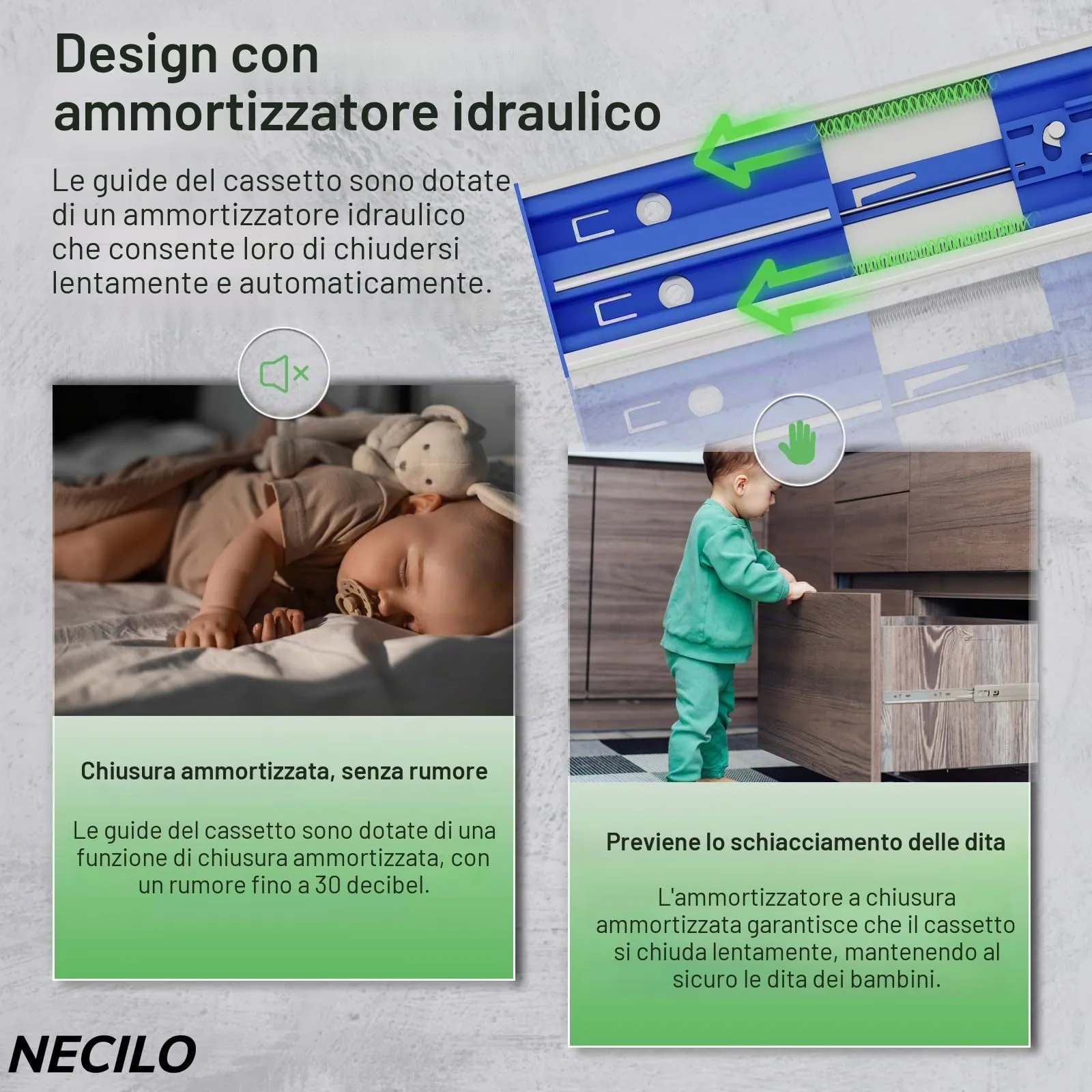NECILO Guide ammortizzate per cassetti in acciaio inox, 450 mm, estrazione totale - immagine 2