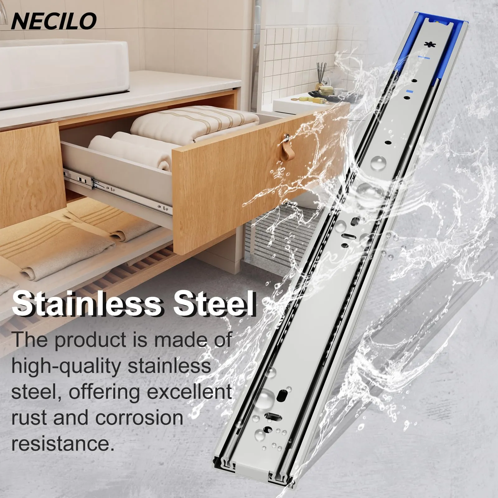 NECILO Guide Ammortizzate per Cassetti in Acciaio Inox, 600 mm, Estrazione Totale - immagine 4