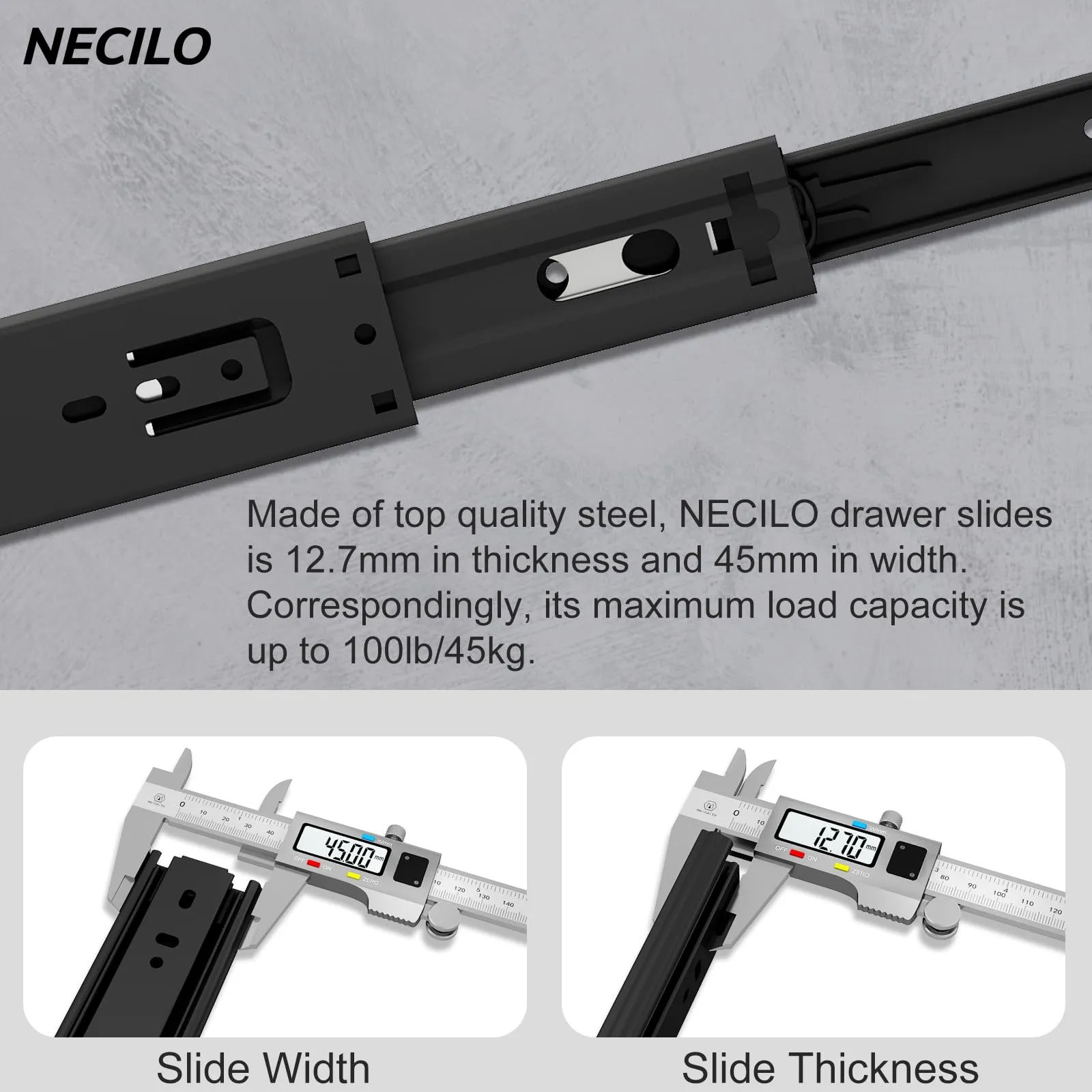 NECILO Guide per Cassetti 550 mm, Portata 45 kg, Estrazione Totale, NE-45B-550-N - immagine 2