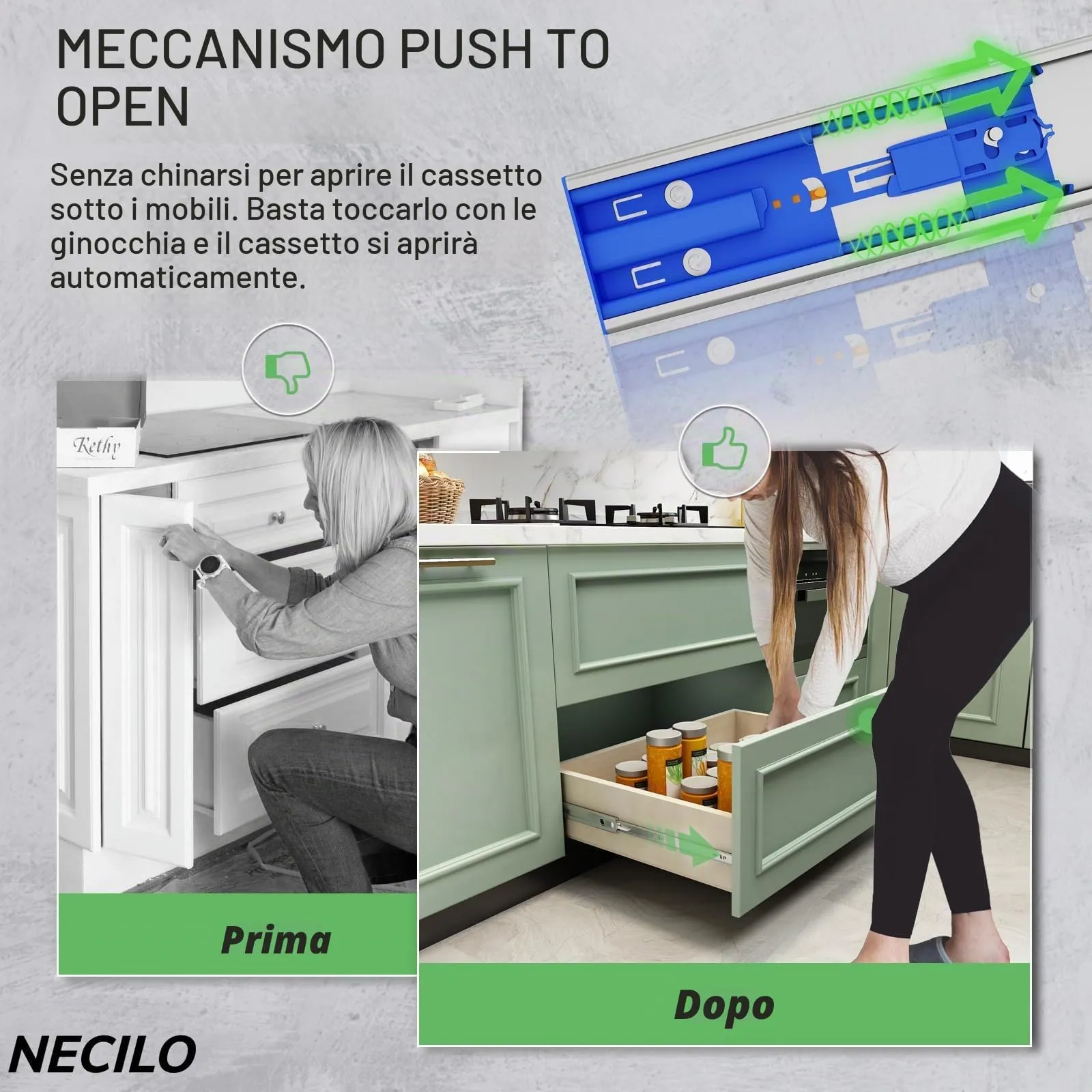 NECILO Guide Ammortizzate per Cassetti in Acciaio Inox, 300 mm, Estrazione Totale - immagine 2