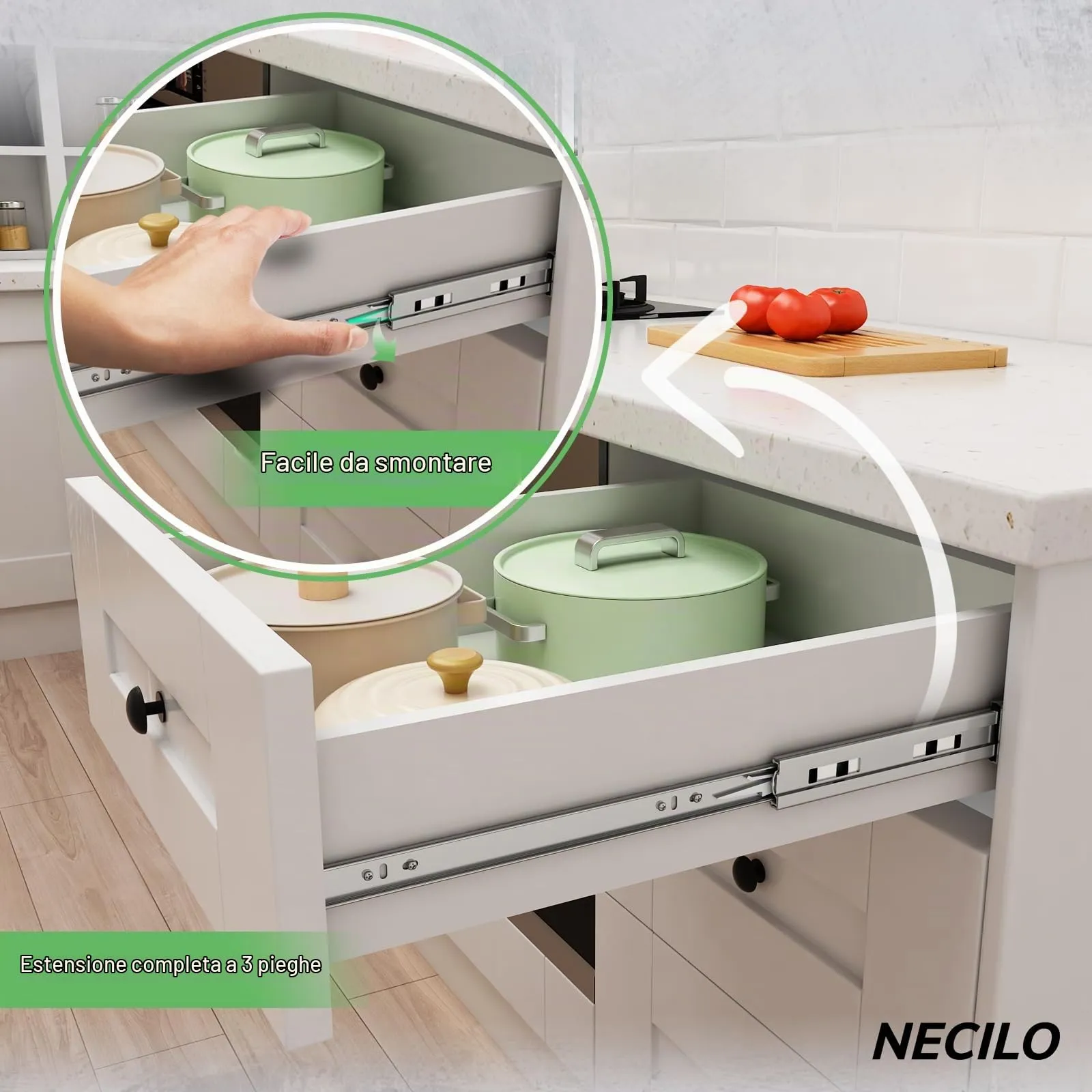 NECILO Guide Ammortizzate per Cassetti in Acciaio Inox, 300 mm, Estrazione Totale - immagine 5