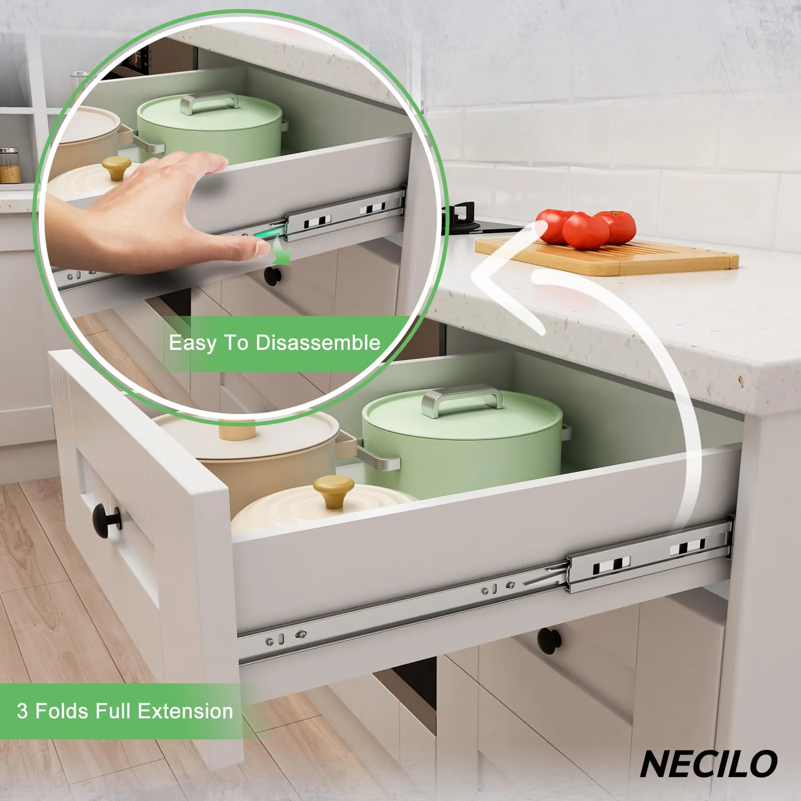NECILO Guide Ammortizzate per Cassetti in Acciaio Inox, 350 mm, Estrazione Totale - immagine 5