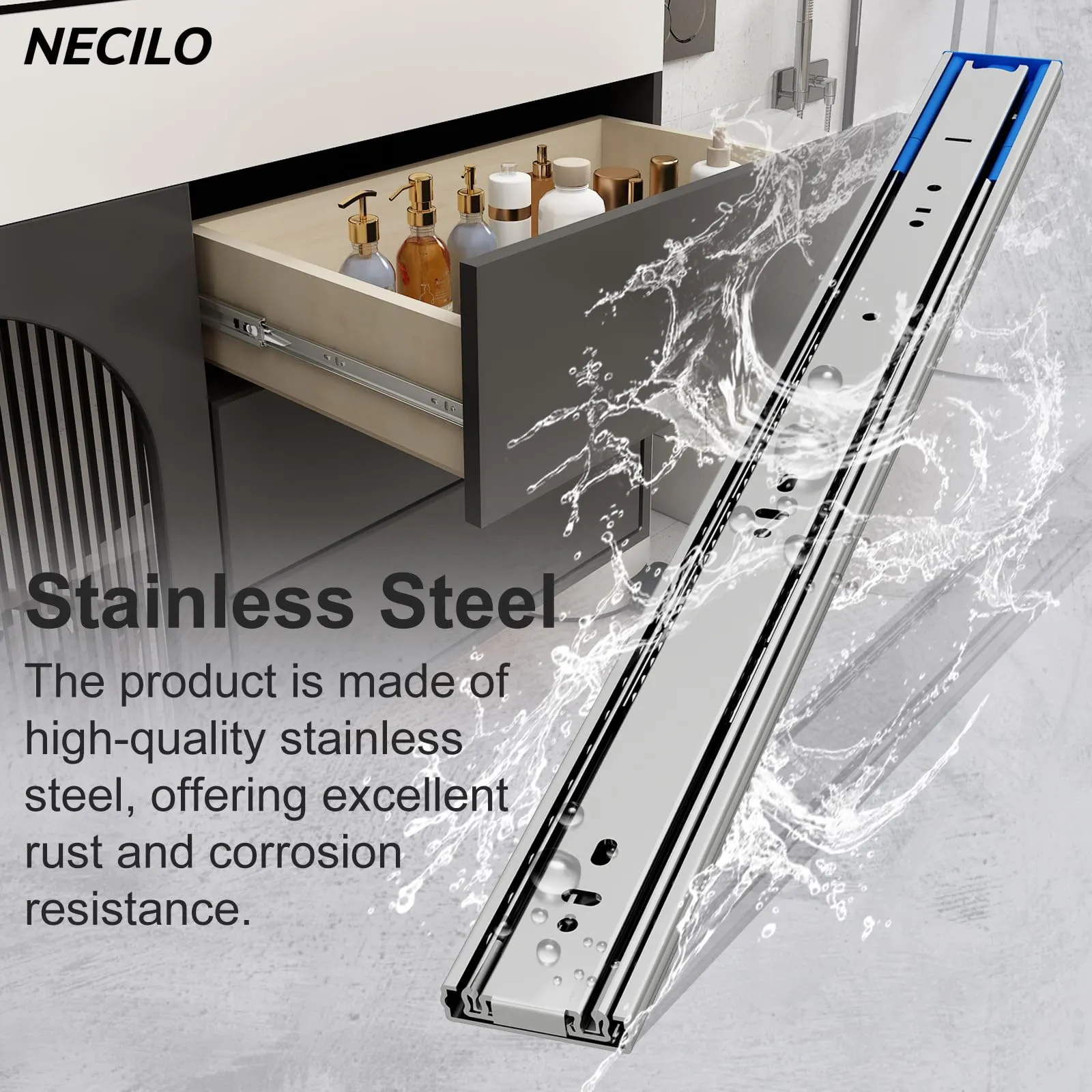 NECILO Guide Push-to-Open per Cassetti in Acciaio Inox 350 mm, Estrazione Totale - immagine 4