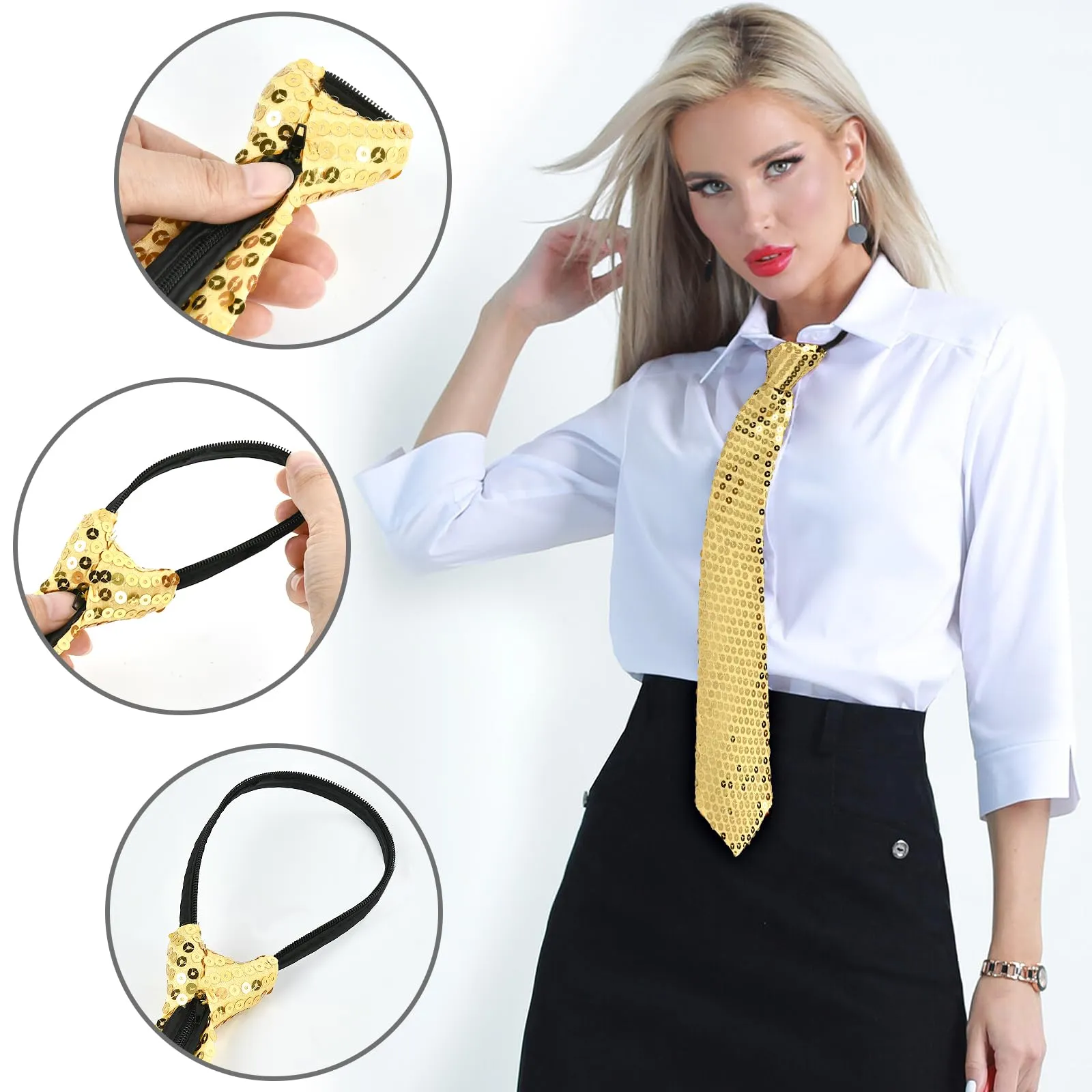 YUEXNKO Cravatta Regolabile Glitterata con Paillettes per Uomo e Donna, Oro - immagine 3