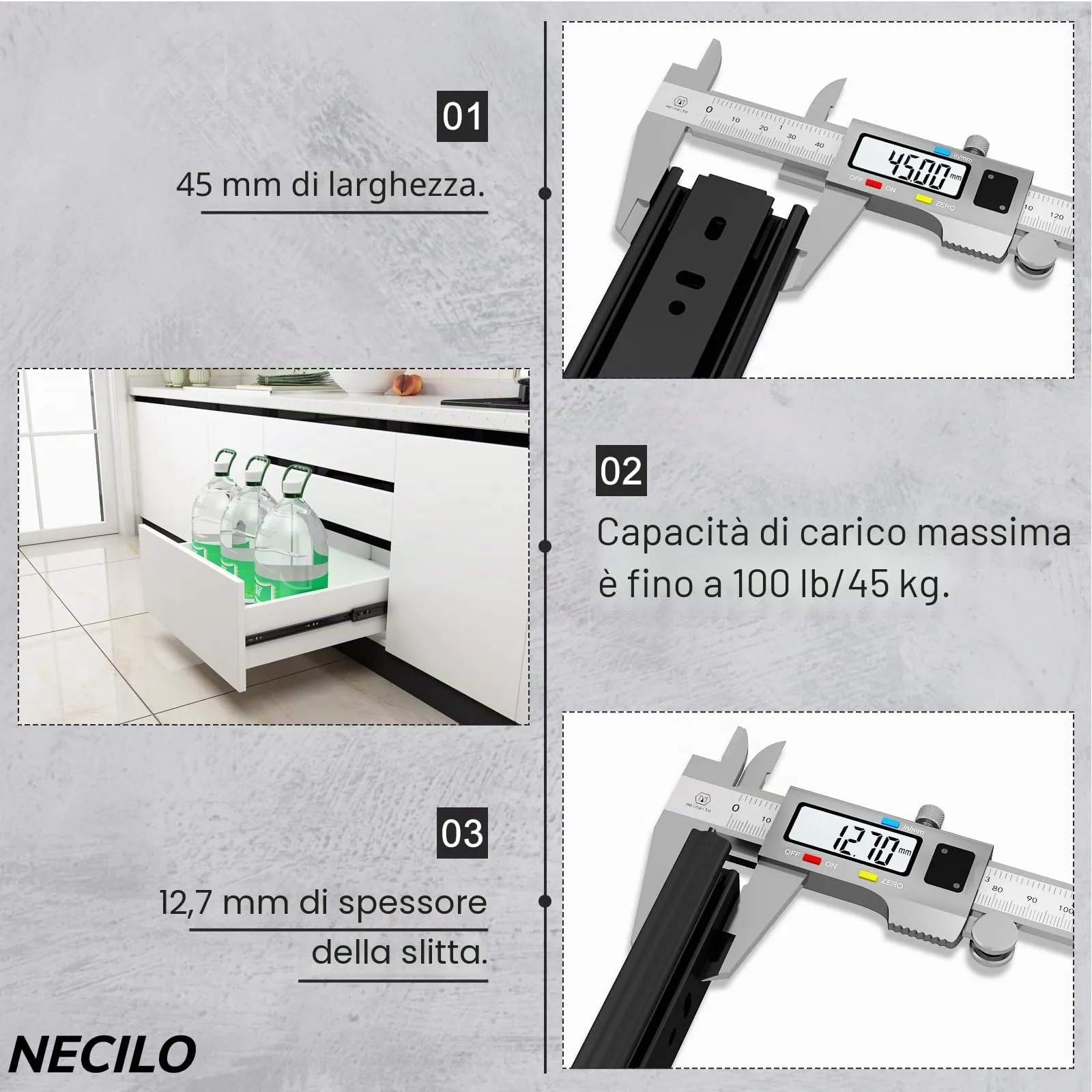 NECILO Guide per Cassetti 600 mm, Portata 45 kg, Estrazione Totale - immagine 2