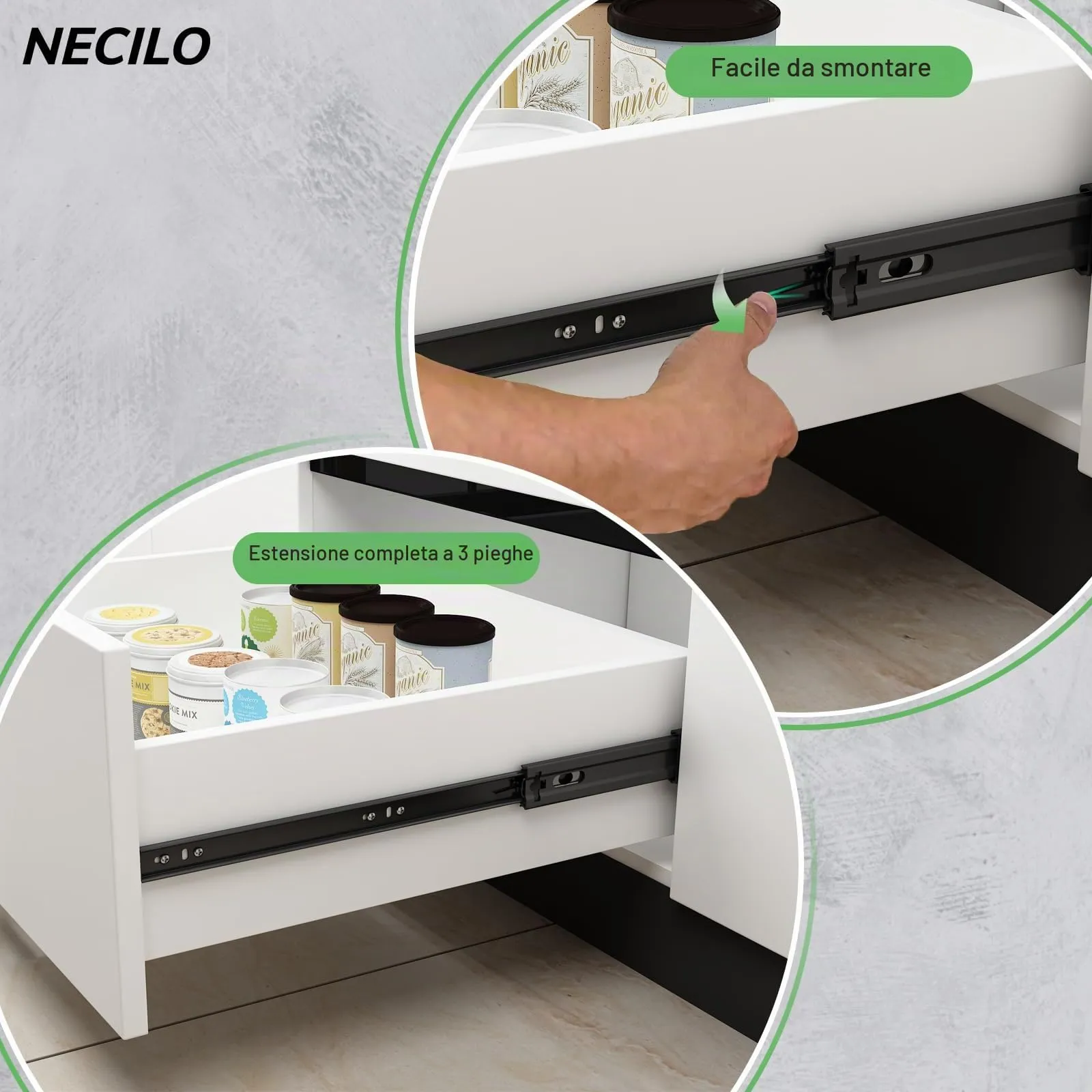 NECILO Guide per Cassetti 450 mm, Portata 45 kg, Estrazione Totale - immagine 6
