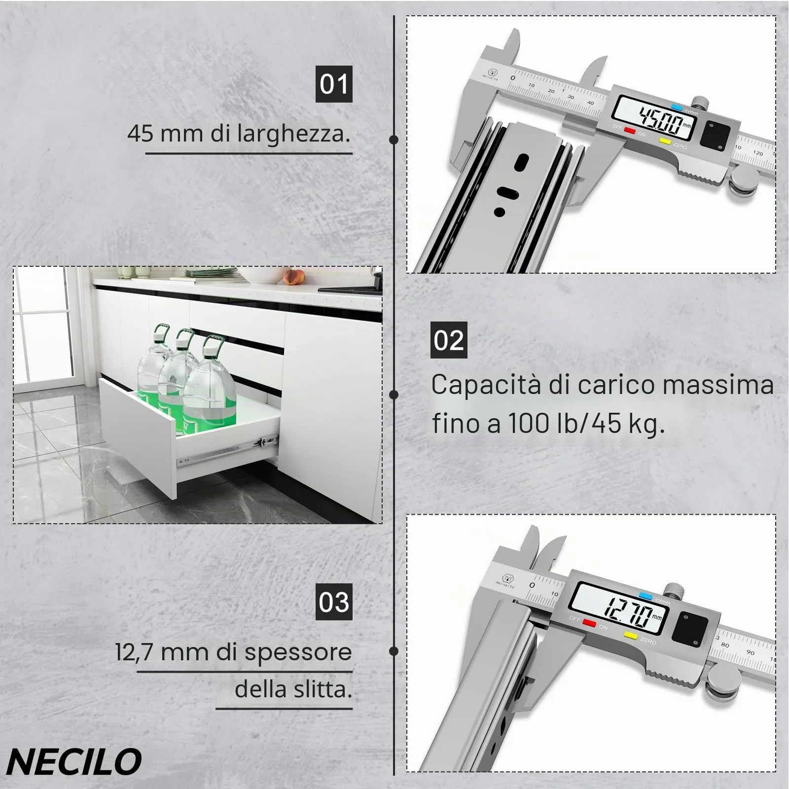 Necilo Guide per Cassetti 350 mm, Portata 45 kg, Estrazione Totale (Set da 5 Coppie) - immagine 4