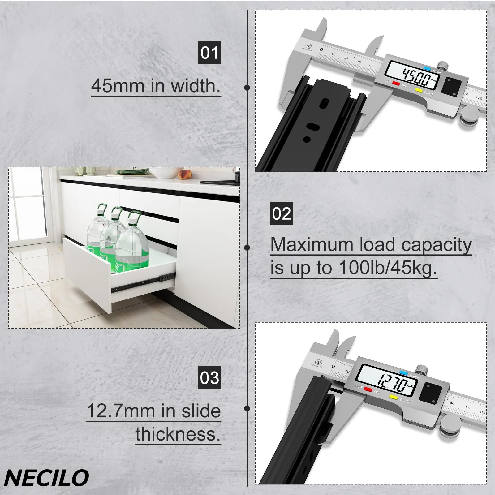 NECILO Guide per Cassetti 550 mm, Portata 45 kg, Estrazione Totale - immagine 2