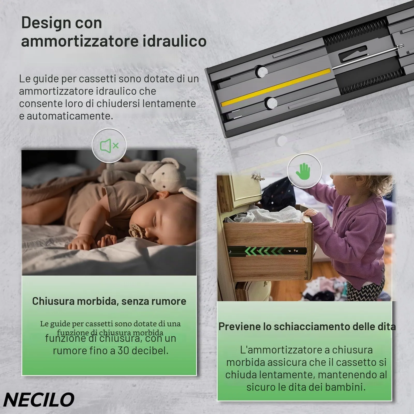 NECILO Guide Ammortizzate per Cassetti 400 mm, Estrazione Totale - immagine 5