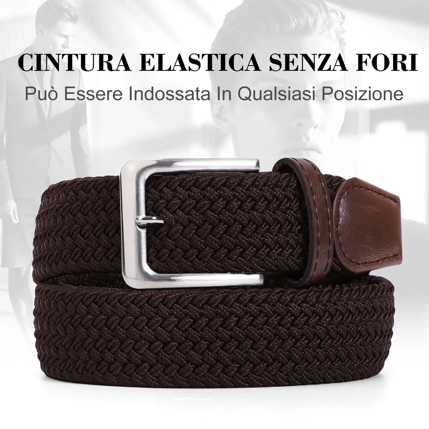 VONMELLI Cintura Elastica Intrecciata Uomo Regolabile, Caffè, L - immagine 5