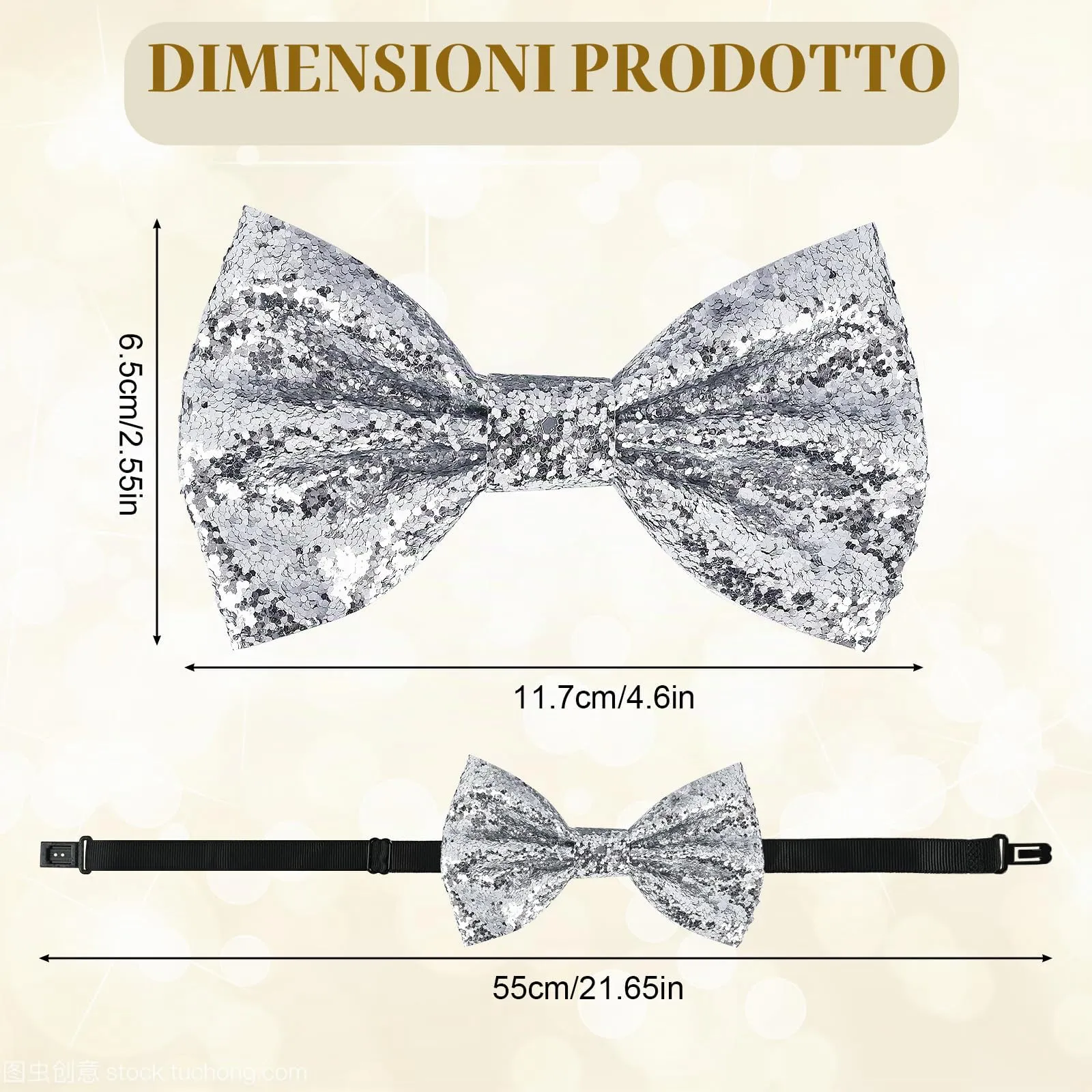 YUEXNKO Papillon Cravatta Paillettes Glitter Unisex Regolabile Argento - immagine 2